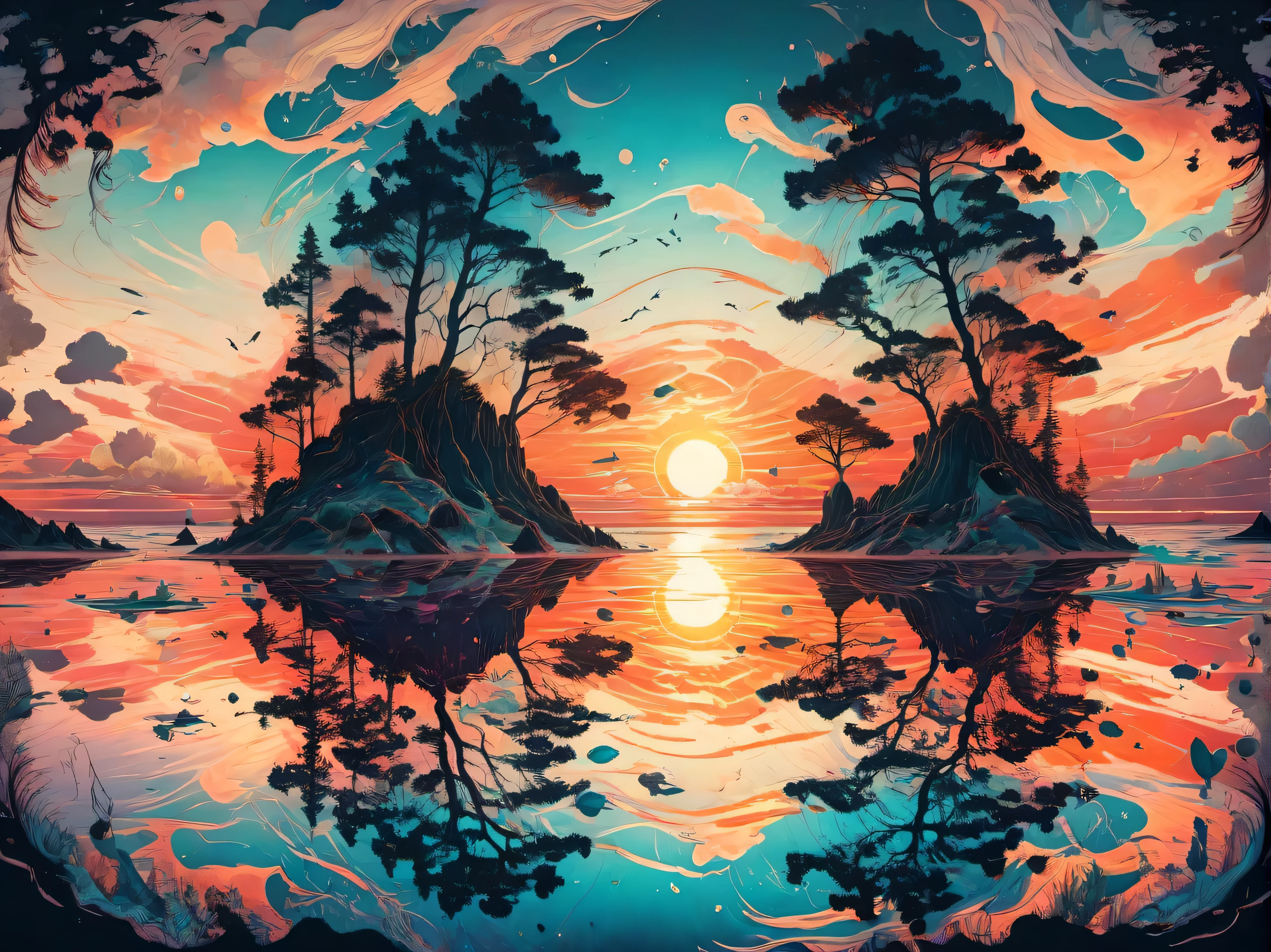 PEEpicLand, illustration,
linda praia, oceano , ondas, water reflection, Summer, Sunset