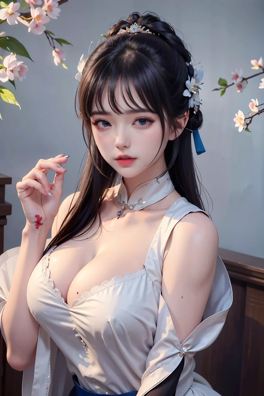 goddess of shooting'arc14 ans,Ancient costumes with many phoenix designs,visage blanc et rose impeccable,Ornements sur la tête,cheveux jusqu'aux noirs'to the size,yeux marrons très beaux et nets,red labia minora,Colored lips,Enchanted smile,bijoux portés autour du cou,Anneau de mamelon d'oreille,dents blanches et uniformes,pont de nez haut,gros seins ronds, jambes fines,chaussettes noires en maille fine,Portrait,the most realistic,la plus haute quality,Meilleurs pixels,8k ultra,HIGH LEVEL OF DETAIL,8k resolution,ultra haute résolution,une jeune fille, Une jolie fille,short detailed hair,chignon,lipsticks,boucles d'ears to pampilles,collier ras du cou,Yeux noirs clairs,Cheveux lisses,clavicule,traits du visage délicats et parfaits, les plus beaux grands yeux,long cils,The eyes are soft and there are silkworms lying,angle dynamique,quality'extreme image,The highest accuracy,Accurate and perfect human anatomy,(((Robe professionnelle,Slim cheongsam Republic of China,Broderie or cramoisi))),((assis)),Warm scene,ultra haute résolution,Cheveux noirs fluides de style antique chinois ultra-clairs avec un chignon délicat)Par frange,(cheveux longs et flottants,avec un chignon:1.3)), vêtements à poitrine ouverte en V royal, Wet body of fine silk fabric, Robe fine en dentelle de soie, (huge ,clivage),, blanc rose, bleu ,Meilleure quality,chef-d'ouvrages d'art,ultra haute résolution,(realism:1.4),photo BRUTE,(Véritable texture de peau:1.3),(grain de film:1.3),(Angle de selfie),1 girl with giant ,Beautiful details of the eyes and face,chef-d'ouvrages d'art,La Meilleure quality au mieux,,The chest more exposed, detailed hair, Bon rose , 8K Detail, Haut du corps,,Delicate collarbones,beau maquillage,Caractéristiques du visage exquises et parfaites,,de grands yeux larmoyants,Ver à soie couché,long cils,The eyes are soft and have eye shadow,Taille fine,The chest more exposed,