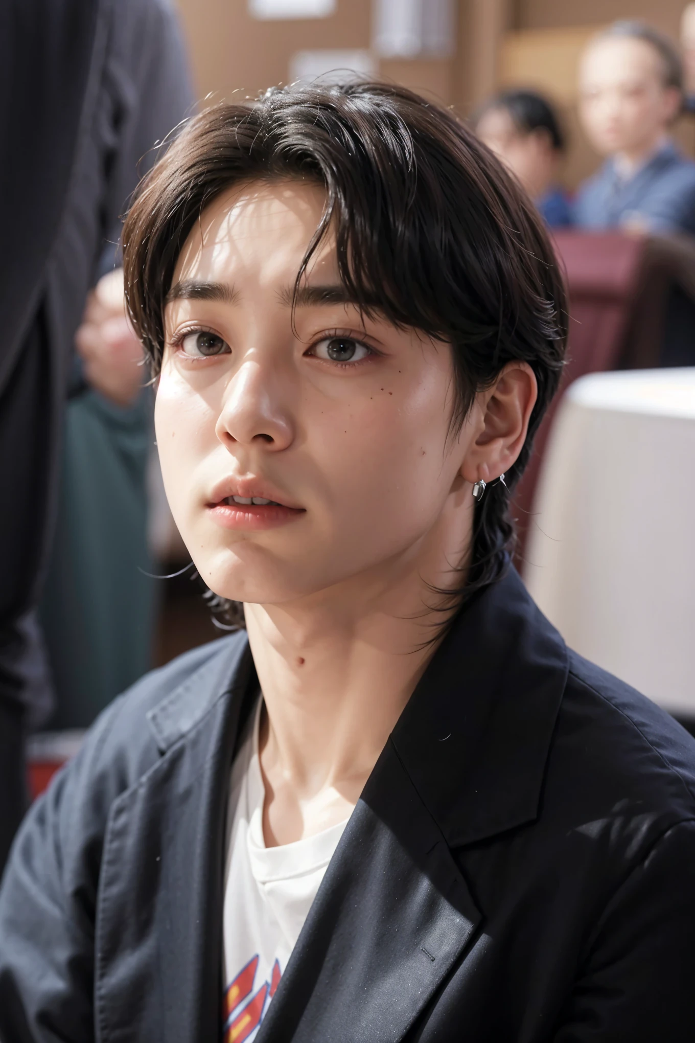 there is a woman with a tie sitting in a room, jungkook, young pale angel, kim taejin, Won Bin Lee, hyung tae, jinyoung shin, yoongi de pelo negro, delicate androgynous prince, beautiful androgynous prince, con pelo corto, brillante por la lluvia, Hwang se - es, Seseon Yoon, taken in the early 2020s