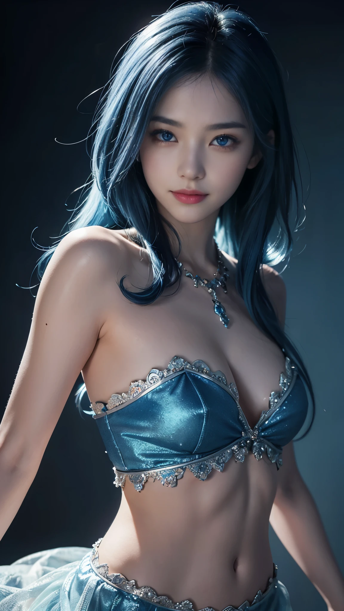 (highest quality、8k、16k、masterpiece、Realistic、Super detailed、Beautiful in every detail、ray tracing)、photograph、BREAK 、(and soul)、(secondary mysterious)、1 girl、((blue hair))、hair length、((blue eyes))、(((gradient eyes)))、sparkling eyes、bright eyes、finely tuned、pose randomly、expressive eyes、(smile)、blue clothes、BREAK, Blue lighting、blue theme、god々work、glittering background、Super detailed、