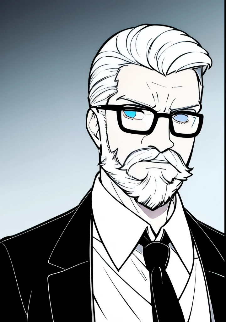 Slightly older Adult male, white and tender skin, pale blonde slicked back combed short hair, kaiser beard and mustache, steel blue eyes, green and slightly mature, serious and emotionless facial expression,wearing a black suit jacket, white collar shirt, black tie and suit pants and glasses, portrait style,  facing forwards