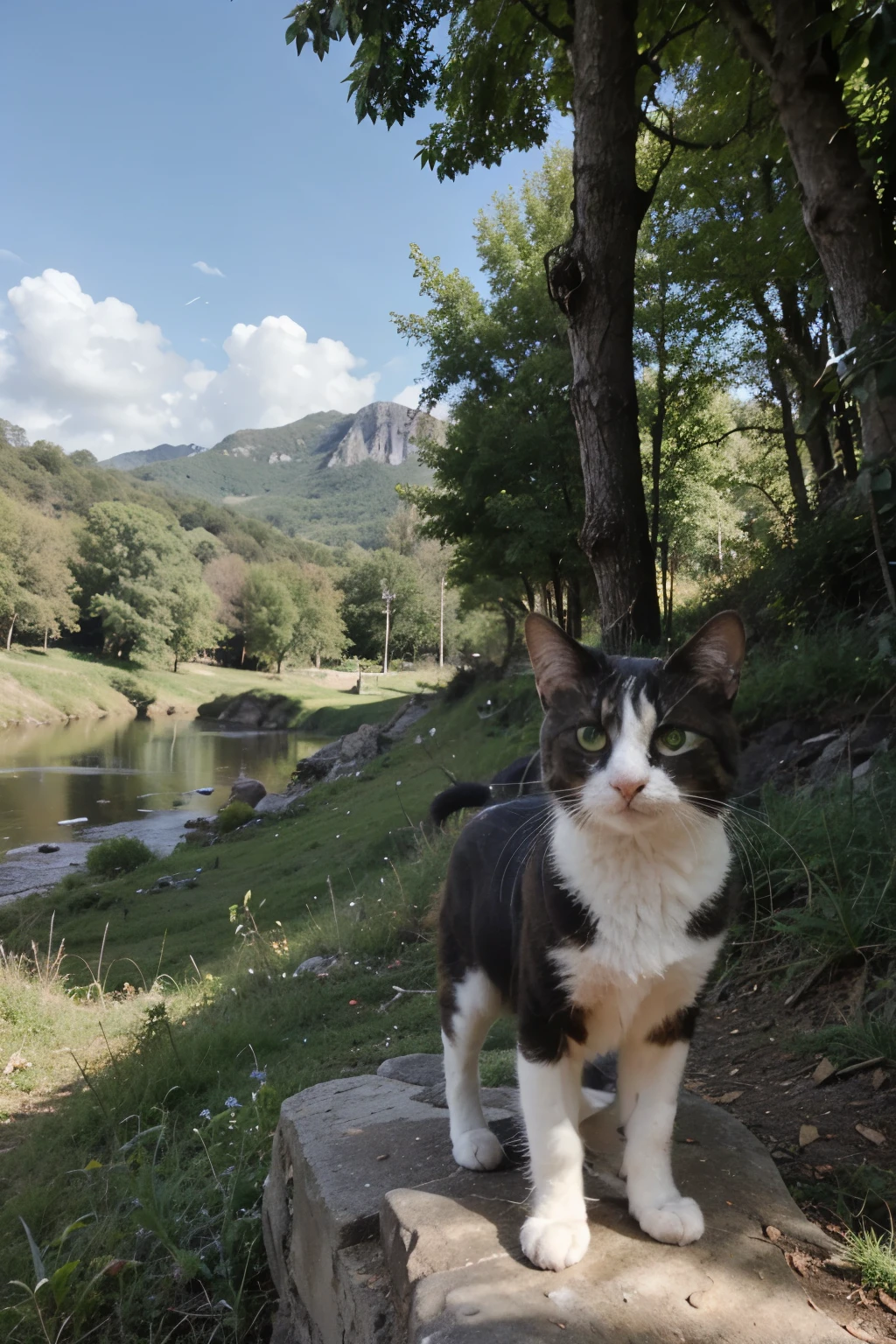 chat dans un paysage vert