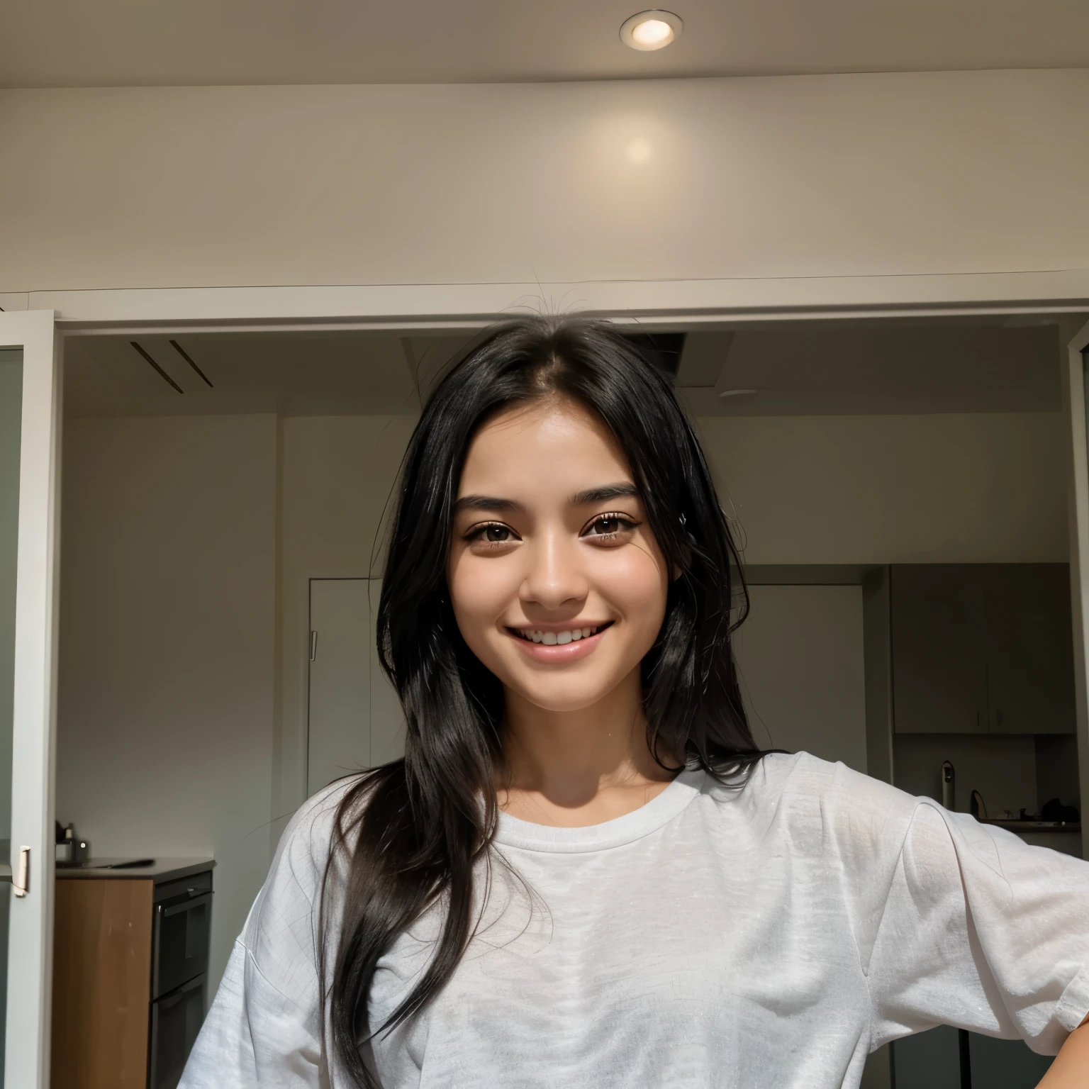 I need you to make a girl who has black hair, black eyes, she is smiling showing her teeth and she is a little short in stature, she is not that pretty but she is not ugly either.