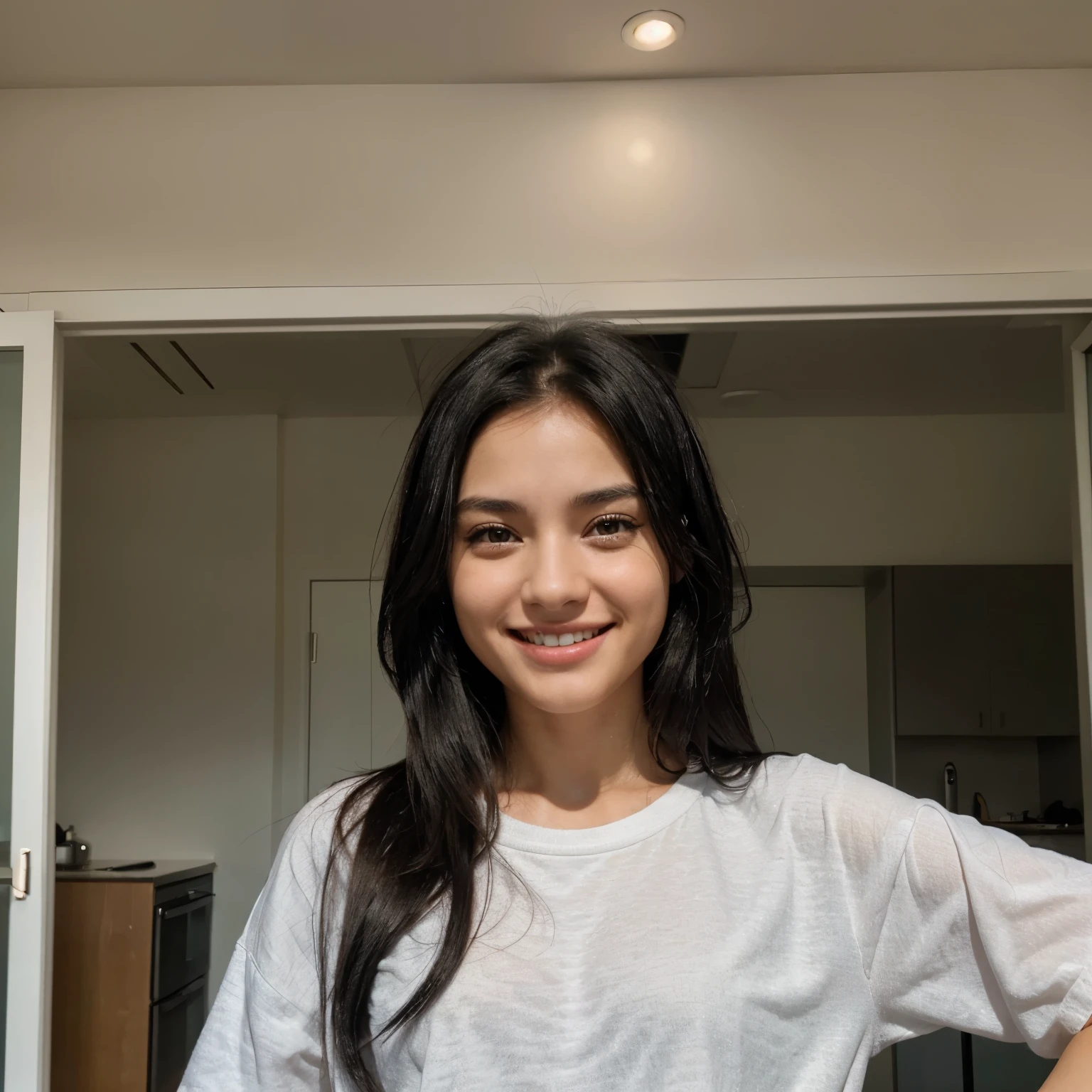 I need you to make a girl who has black hair, black eyes, she is smiling showing her teeth and she is a little short in stature, she is not that pretty but she is not ugly either.
