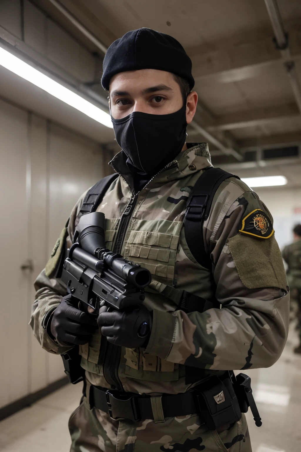 Sozinho, luvas, 1 menino, containment, arma, foco masculino, containment arma, armaduras, blurry, Uniforme, pistola, militares, capacete, rifle, Science fiction, camuflar