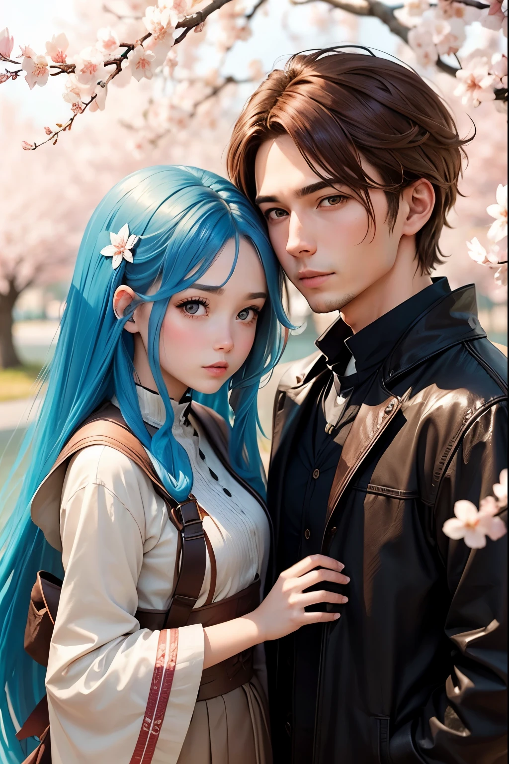 guy with brown hair, girl with long blue hair, cherry blossoms