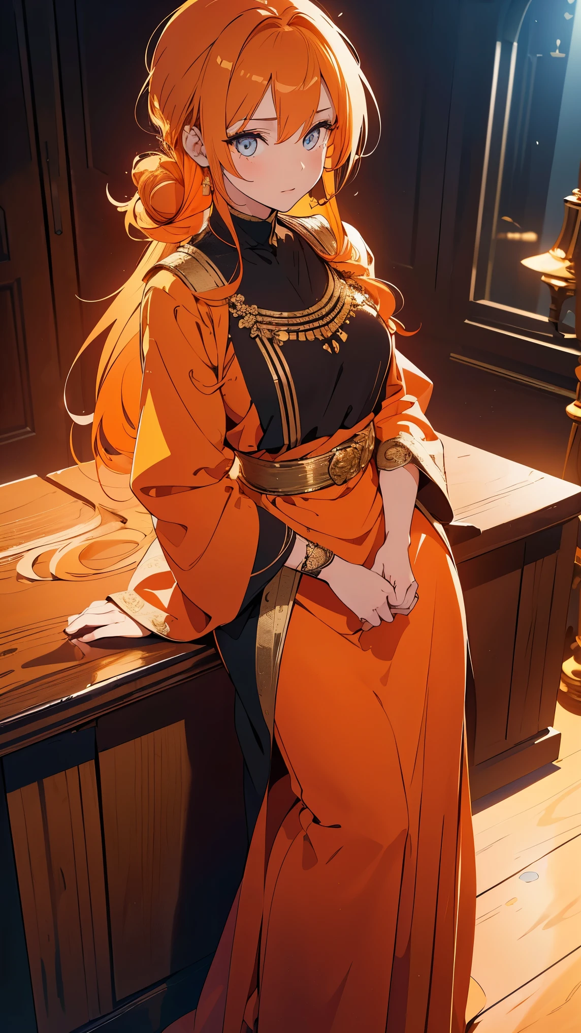 Girl1,(orange hair,Hair tied to the knot,beautiful eyes),Long eyelashes,eye shadow,full body, (orange  Arabic abaya dress,gold waist belt),Highly detailed CG,module,8K wallpapers،Highest quality, high resolution, beautiful lighting, realistic shadow, high resolution،Detailed skin, highly detailed, detailed faces and eyes, realistic eyes