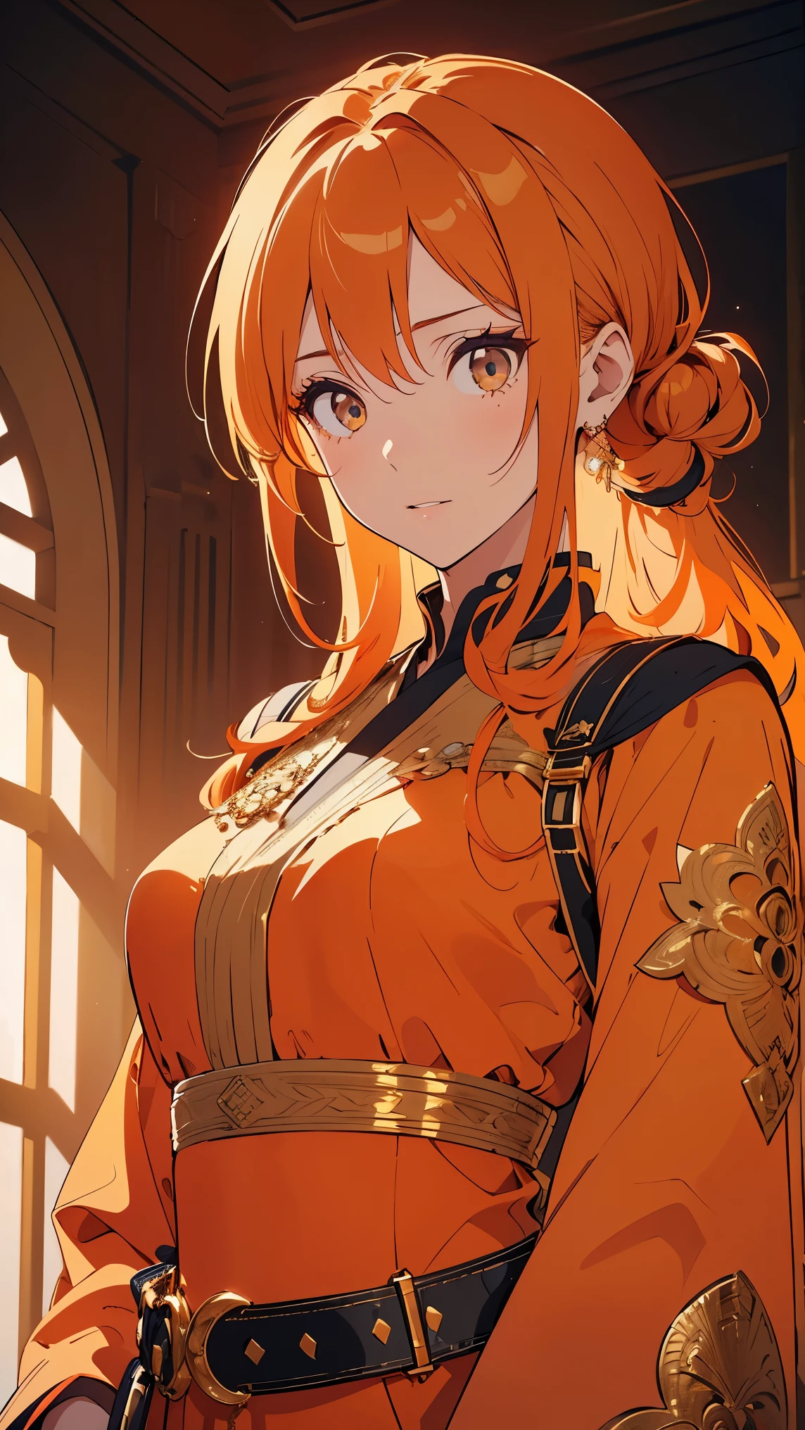 Girl1,(orange hair,Hair tied to the knot,beautiful eyes),Long eyelashes,eye shadow,full body, (orange Arabic abaya dress,gold waist belt),Highly detailed CG,module,8K wallpapers،Highest quality, high resolution, beautiful lighting, realistic shadow, high resolution،Detailed skin, highly detailed, detailed faces and eyes, realistic eyes