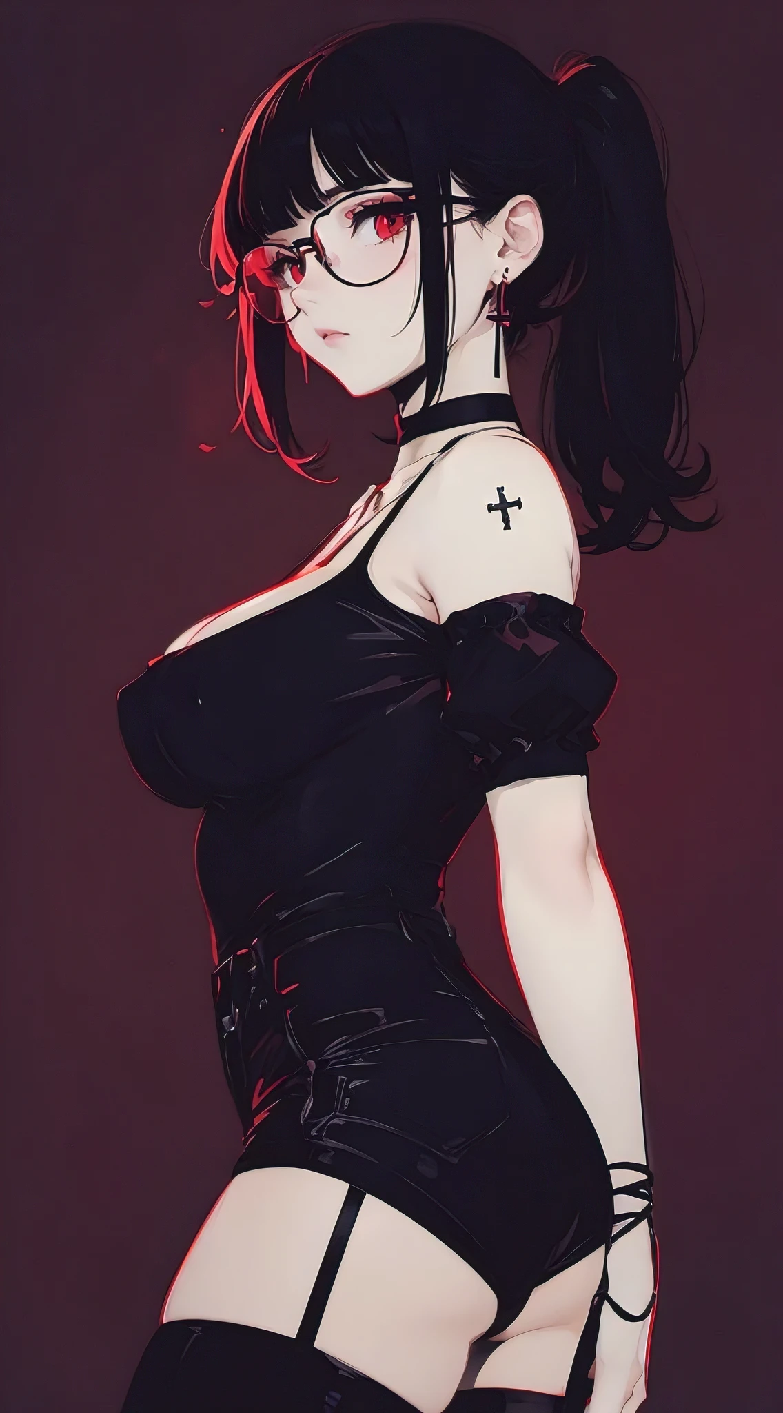 (best quality, masterpiece:1.2), simple lines, anime style, goth girl, perfect body, (huge breasts), slim waist, glasses, choker, crucifix earrings on one ear, dark background