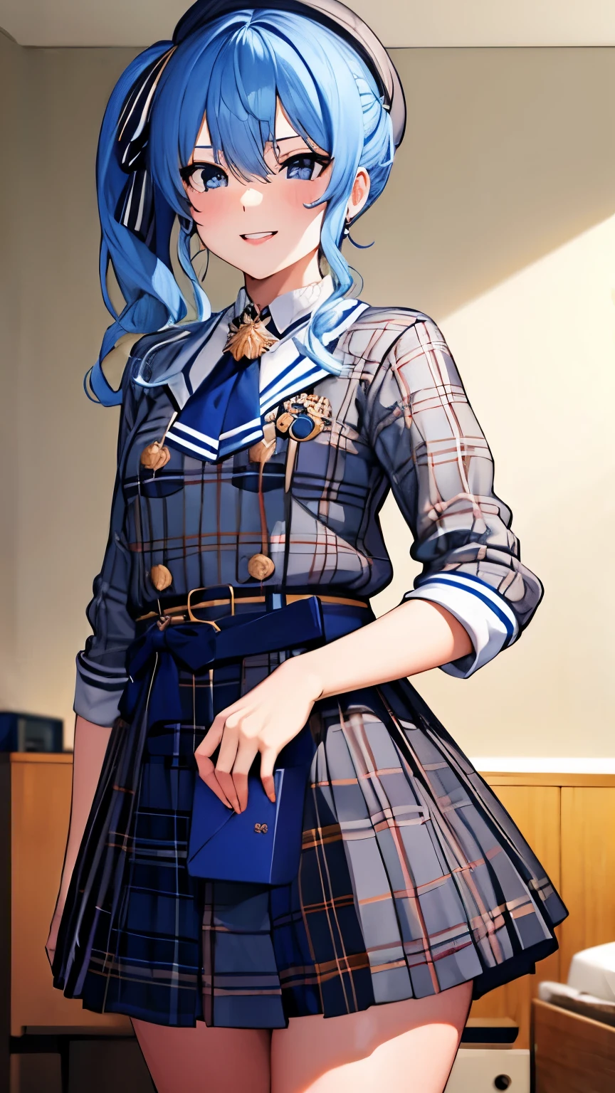 8k,highest quality,masterpiece, highest quality, High resolution, sui1, 1 girl, alone, Side Ponytail, hoshimachi suisei, Great tit,thin, Fingerless gloves, Single thigh length, jewelry, Single socks, Thigh straps, bracelet, Blue socks, button, Single knee-high, Plaid Dresses, Blue choker, Blue Belt, Checked skirt, Mini Crown, Grey Skirt, Blue Ascot, Long sleeve, Plaid jacket, Cowboy Shot, Perfect Fingers, blush, Downward,(weak) ,dogeza,Nsfw,Pussy