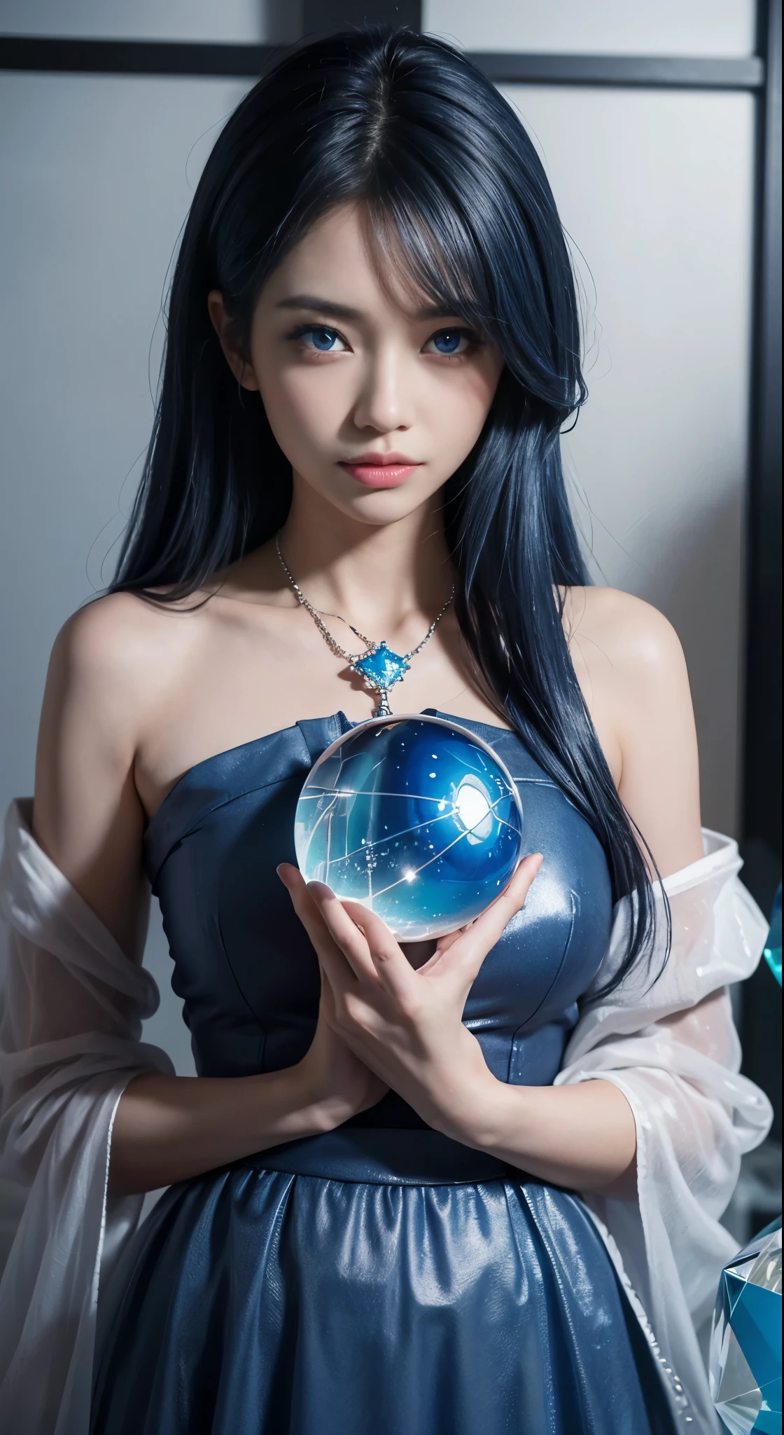 (highest quality、8k、16k、masterpiece、Super detailed、Beautiful in every detail、ray tracing)、BREAK, （and soul）（secondary elements）1 girl、(blue hair)、hair length、((blue eyes、gradient eyes))、sparkling eyes、bright eyes、finely tuned、expressive eyes、blue clothes、gem、Blue lighting、blue theme、random pose、（form：1.5）、abstract、Super detailed、(((Holding a crystal ball)))、Beautiful and sparkling background