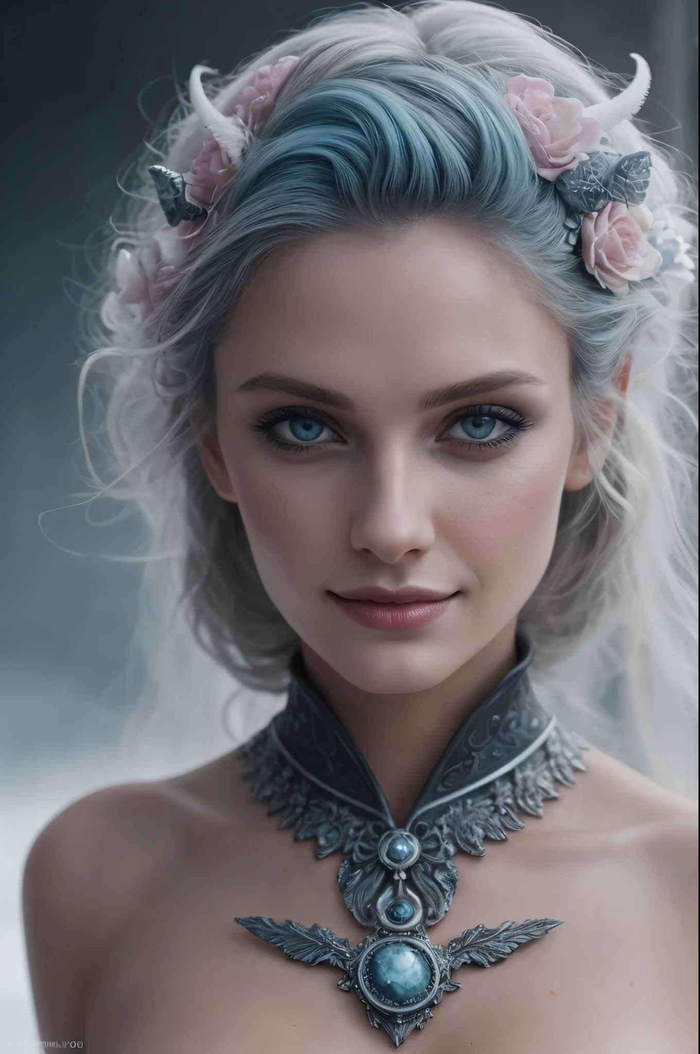 photo shot on Nikon D850, 16k, full body shot, masterpiece, Detailed, breathtaking, atmospheric perspective, diffusion, natural skin texture, DSLR, 80mm Sigma f2, depth of field, film grain, intricate natural lighting,  beautiful steampunk demon with icy blue and white lighting standing in icy field, topless, light grey and pink, energy-filled illustrations, extremely sexy, detailed face and eyes, no makeup, little smiling, highly detailed, dark fantasy aura,  faded colours. 