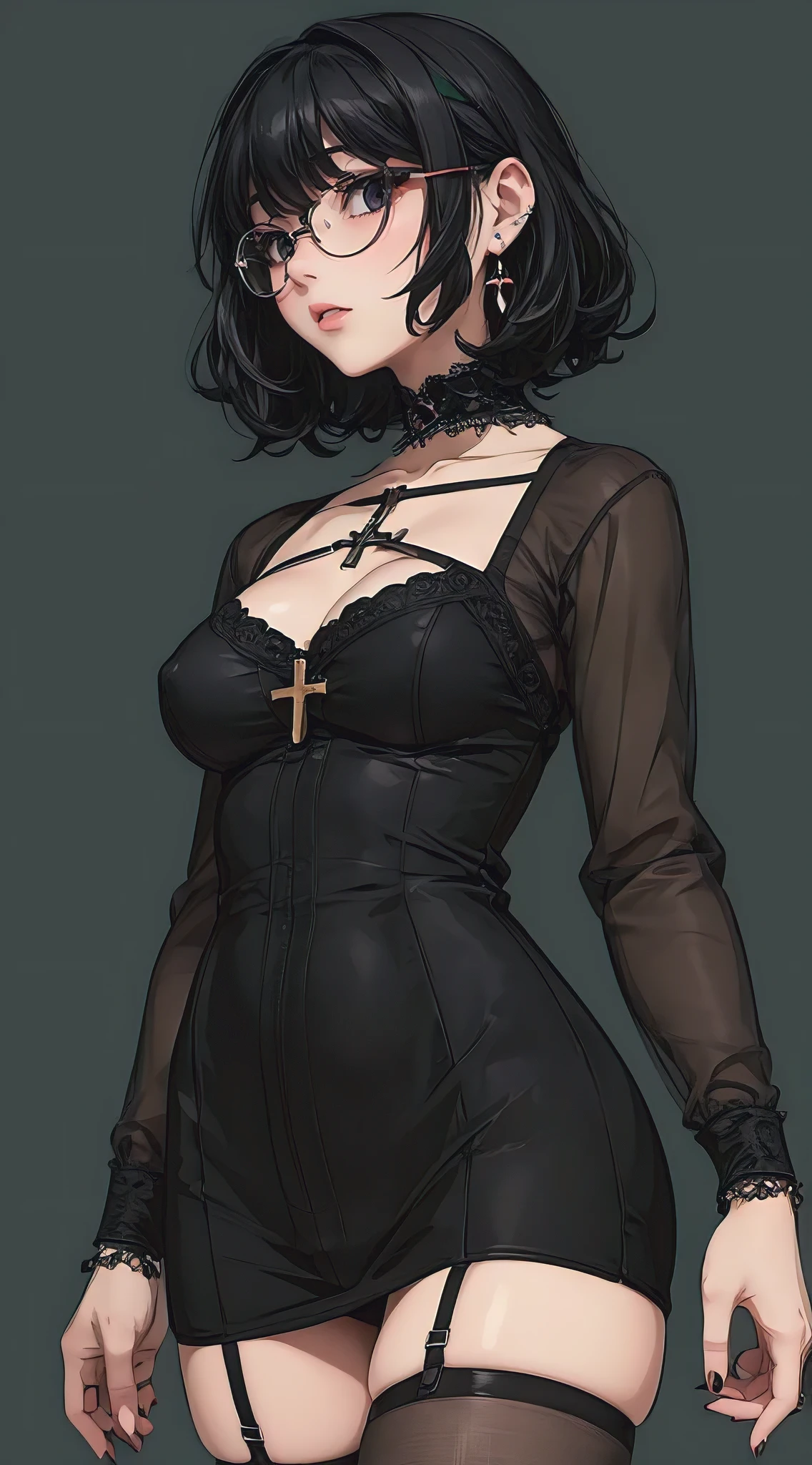 (best quality, masterpiece:1.2), simple lines, anime style, goth girl, perfect body, (huge breasts), slim waist, nice ass, glasses, choker, crucifix earrings on one ear, dark background