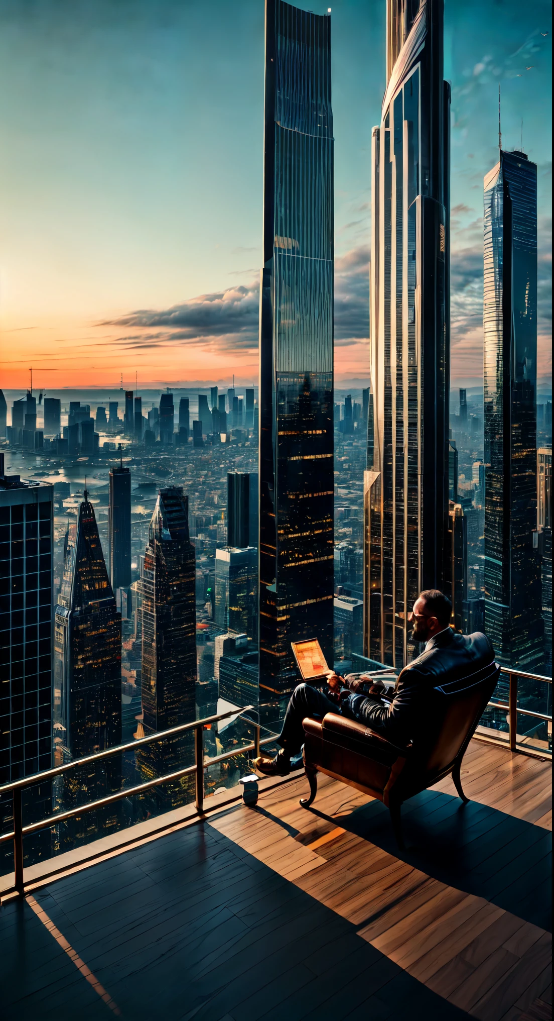 a skyscraper office in the big city, the cyborg man sits in a luxurious chair and holding a smoking cigar in his hand, high quality, absurdres, masterpiece, beautiful, intricate details, 1/2 body crop, slim body, beautiful figure, magnificent anatomy, (intricate details:1.12), HDR, (intricate details, hyper-detailing:1.15), (natural skin textures, hyper realisitc, soft light, Sharp:1.2)