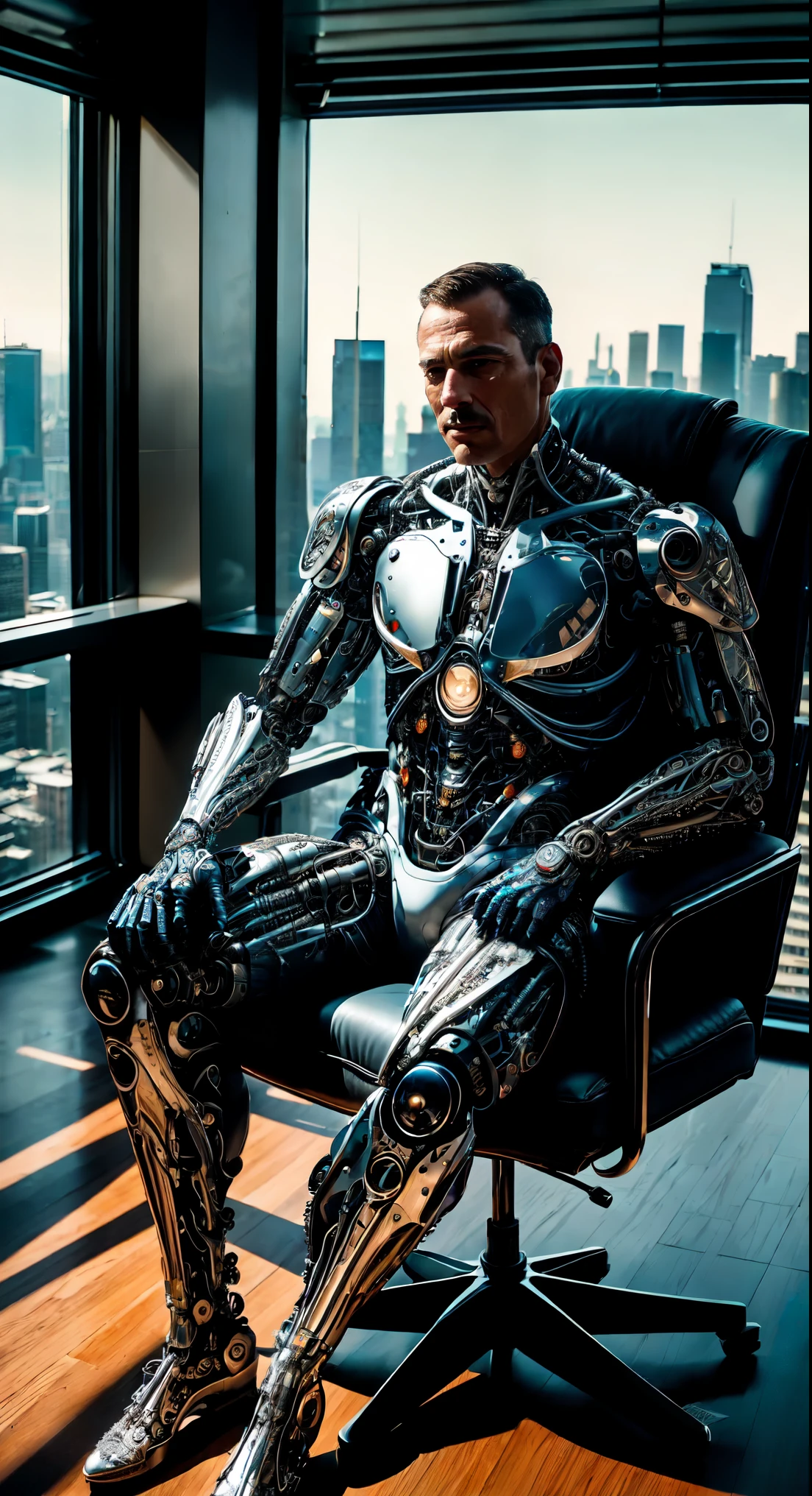 a skyscraper office in the big city, the cyborg man sits in a luxurious chair and holding a smoking cigar in his hand, high quality, absurdres, masterpiece, beautiful, intricate details, 1/2 body crop, slim body, beautiful figure, magnificent anatomy, (intricate details:1.12), HDR, (intricate details, hyper-detailing:1.15), (natural skin textures, hyper realisitc, soft light, Sharp:1.2)