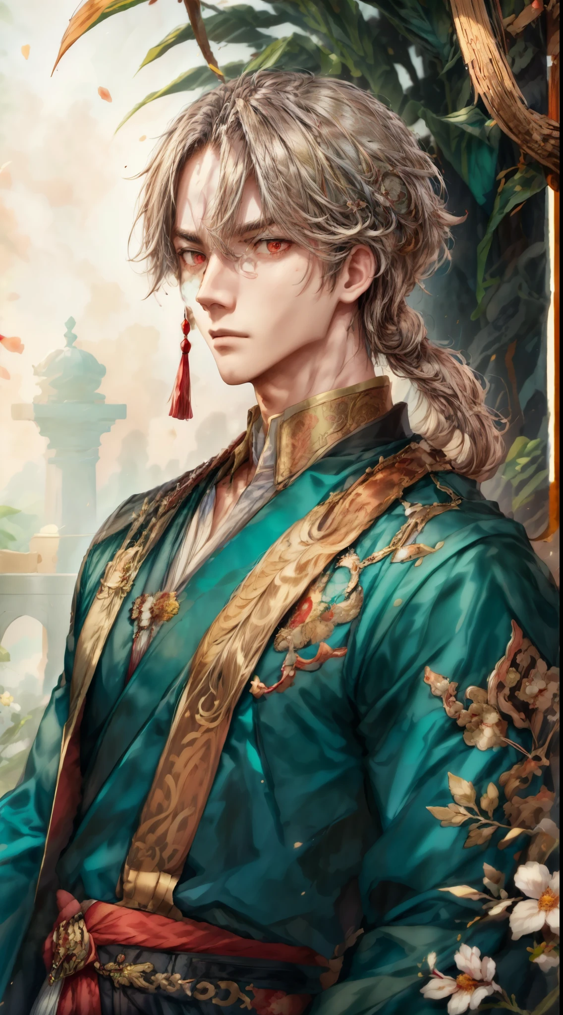 masterpiece, best quality, (2 males), adult, tall, handsome, finely detailed eyes, intricate details, solo, (male 1 is an adult, handsome, broad shoulders, well kept gray hair with teal highlights underneath, tall, ancient indian sherwani outfit with jewels, green eyes with red diamonds inside, muscular, tassels on clothes, genshin impact alhaitham), (male 2 is an adult, handsome, well kept long blonde hair with brown ends, red eyes, tall, ancient persian outfit with gold trimming and floral designs, tassels on clothes, genshin impact kaveh), looking away from viewer, depth of field, in a mystical oasis