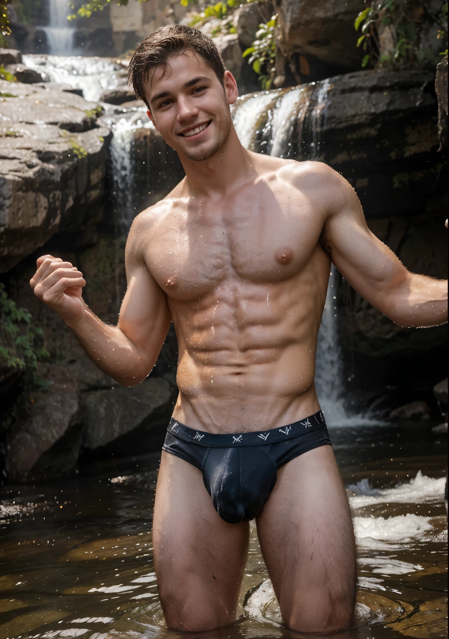 reaistic photo of a caucasan white man 20 yers old, alpha male, perfect angelical face, full body standing skinny body, perfect body, hairy body, hairy belly, on a perfect waterfallsunhine, wet body, shirtless, big smile, happy, boxer underwear full black full 4k,