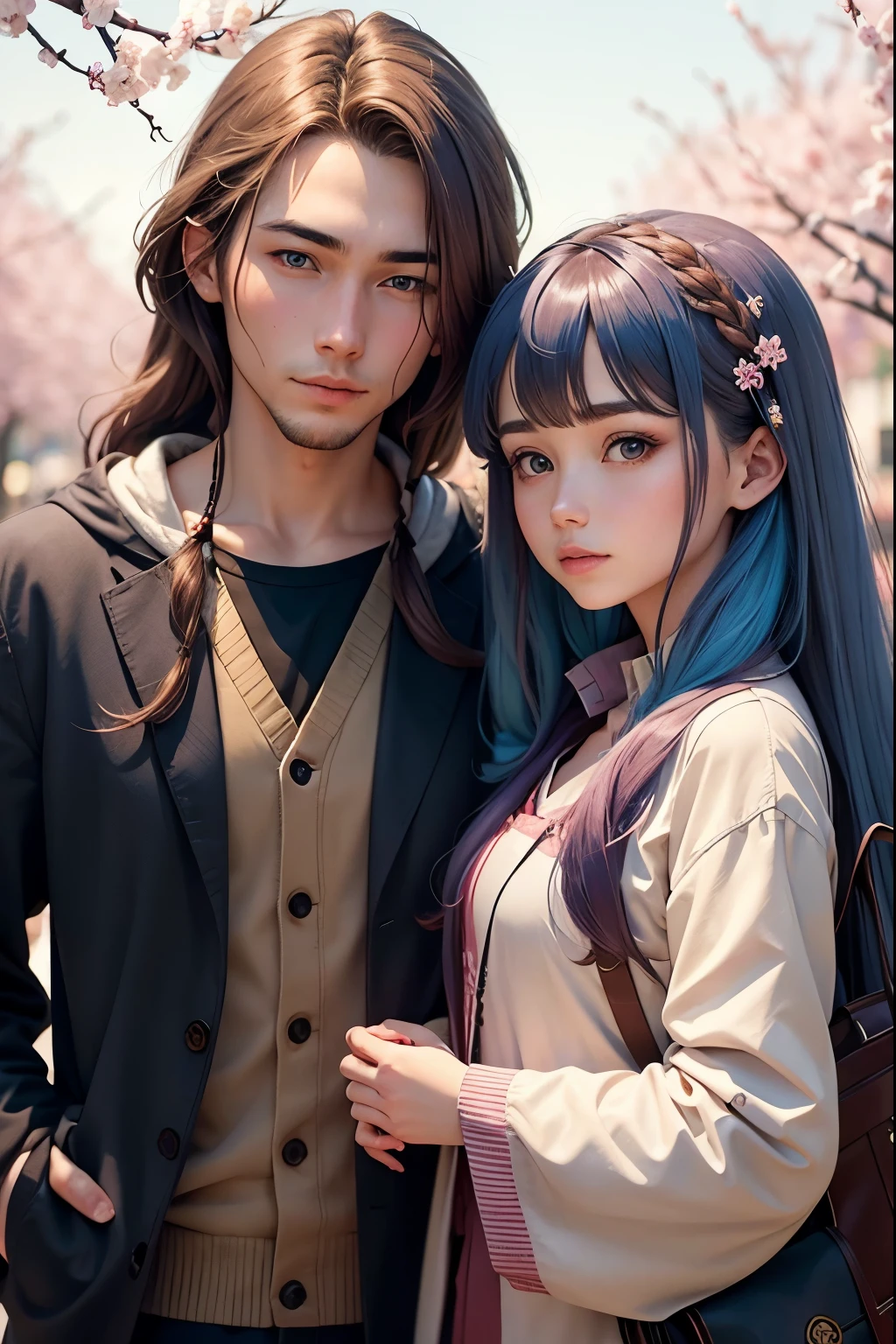 guy with brown hair, girl with long blue hair, cherry blossoms