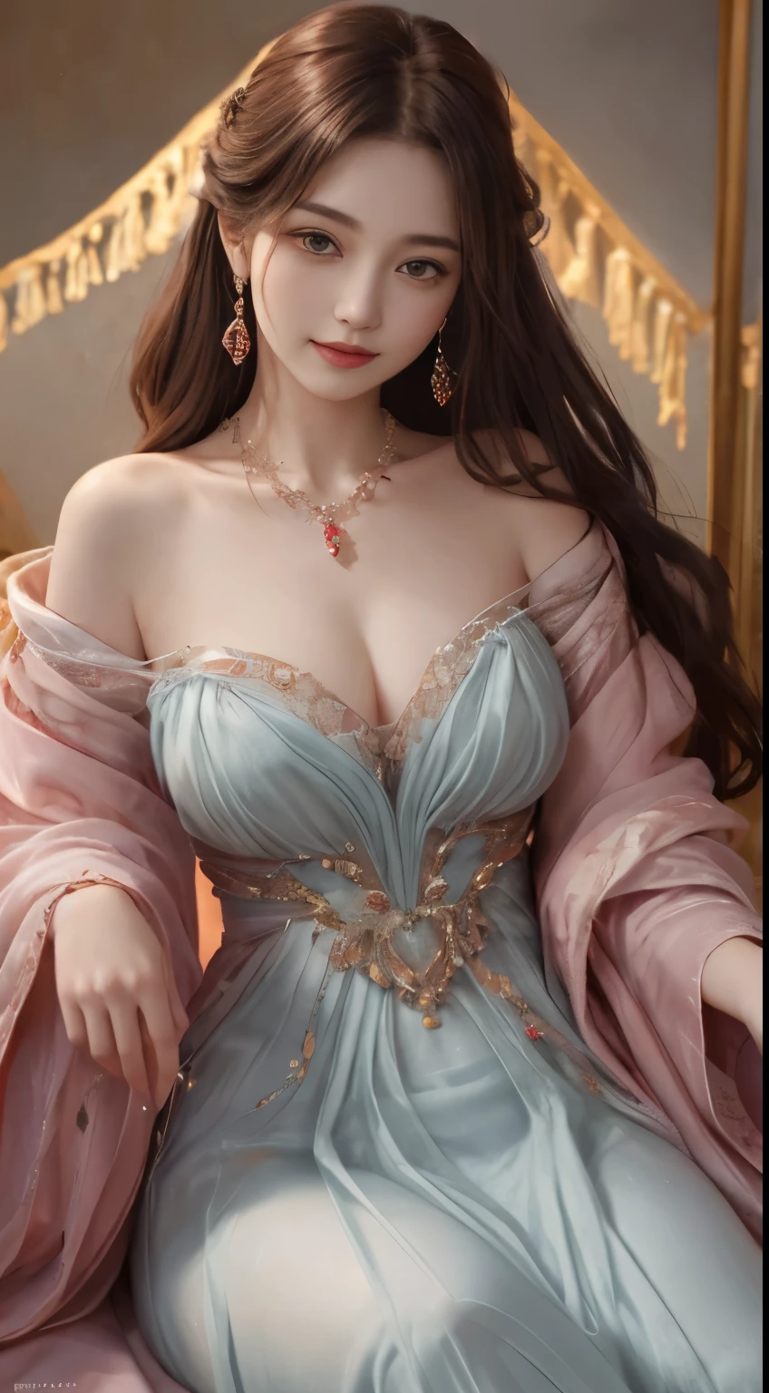 In the stunning illustration by Kayahara, a captivating girl is depicted with a radiant smile gracing her face. Her long flowy pink dress cascades around her upper body, adding an air of gracefulness to her demeanor. A vibrant red pendant hanging delicately around her neck catches the eye, complementing her elegant features. The illustration boasts ultra-realistic details, with each strand of her hair showcased in high resolution, displaying a silky luster under the soft lighting. The intricate red pendant is depicted in meticulous detail, its facets reflecting the light in a mesmerizing manner. The overall composition is a masterpiece worthy of being