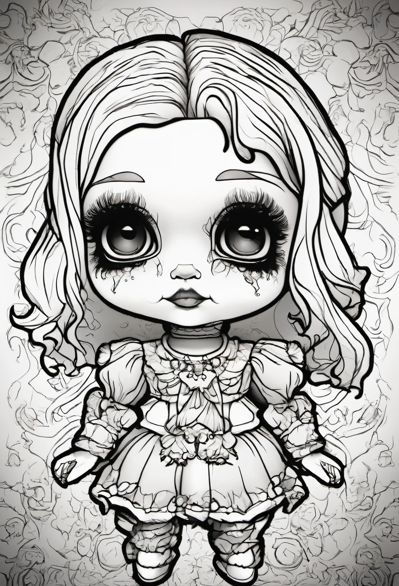 "create a coloring page and Get ready to be captivated by this scary chibi-style horror doll, with its sinister expression and carefully crafted bold-lined design. The stylistic rendering of this doll will leave you in fear. Use only thick Black Lines and White Backgrounds. Suitable for a coloring book"
