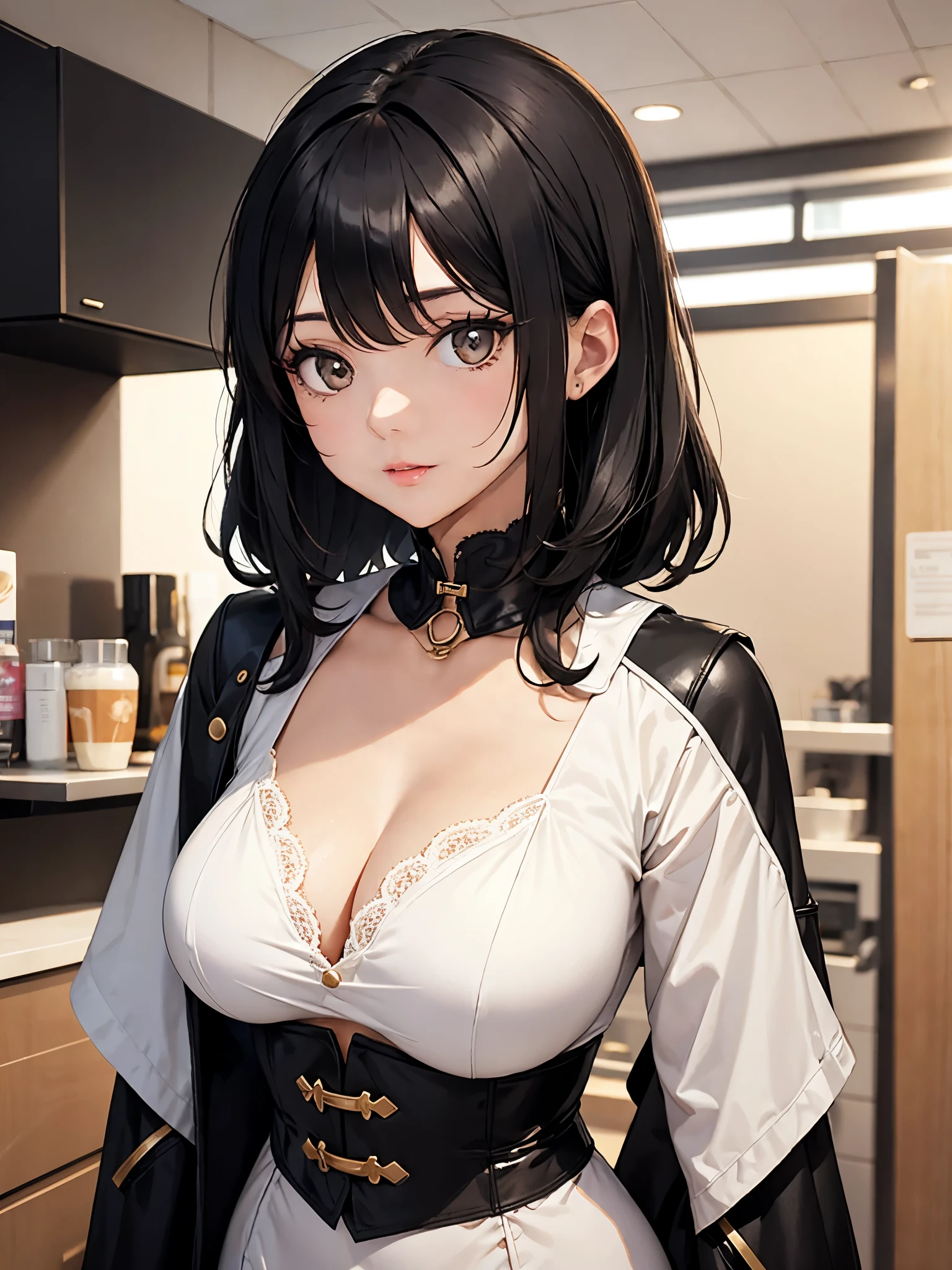 A mature girl, black hair, cream Costume
