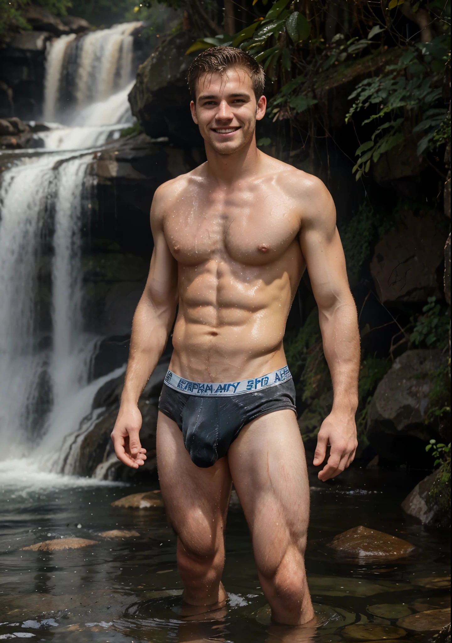 reaistic photo of a caucasan white man 20 yers old, alpha male, perfect angelical face, full body standing skinny body, perfect body, hairy body, hairy belly, on a perfect waterfallsunhine, wet body, shirtless, big smile, happy, boxer underwear full black full 4k,