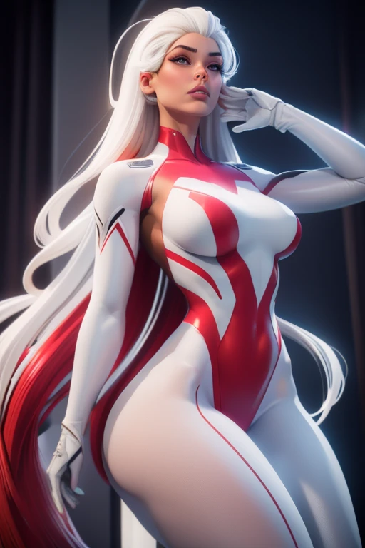 (best quality,8k:1.2,high resolution:1.2),ultra-detalhado,Realistic,retro science female,21 YEARS OLD,long hair,rosto extremamente detalhados,long eyelashes,all sheer light whte leotard de nylon Apertado,all light white pantyhose, gloves,red Glossy metalic accessories,Physically-based rendering,sharp focus,studio lighting