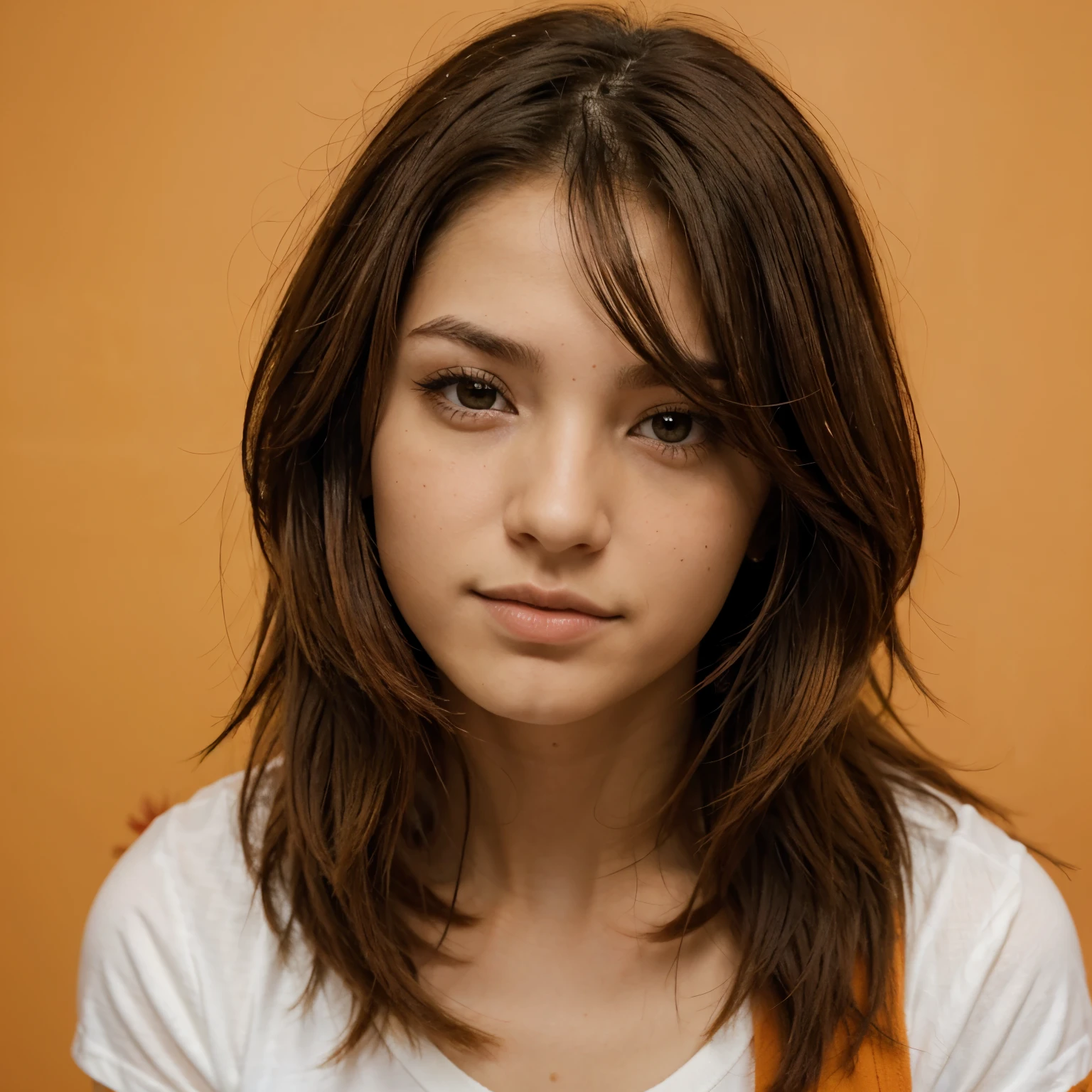 un chico con cabello largo y ondulado hasta las claviculas de color naranja, ojos cansados de color marron claro y de expresion nerviosa