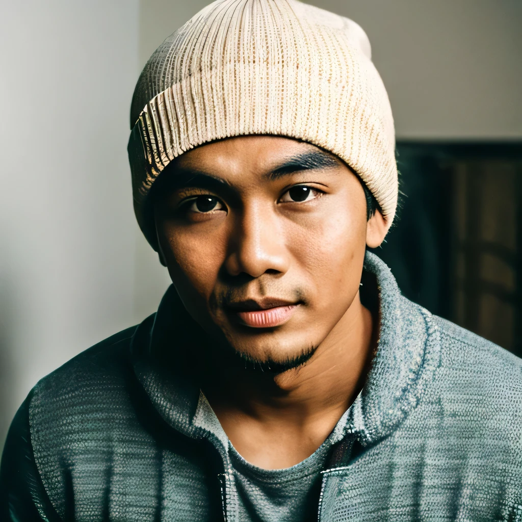Malay boy wearing knitted cap, night
