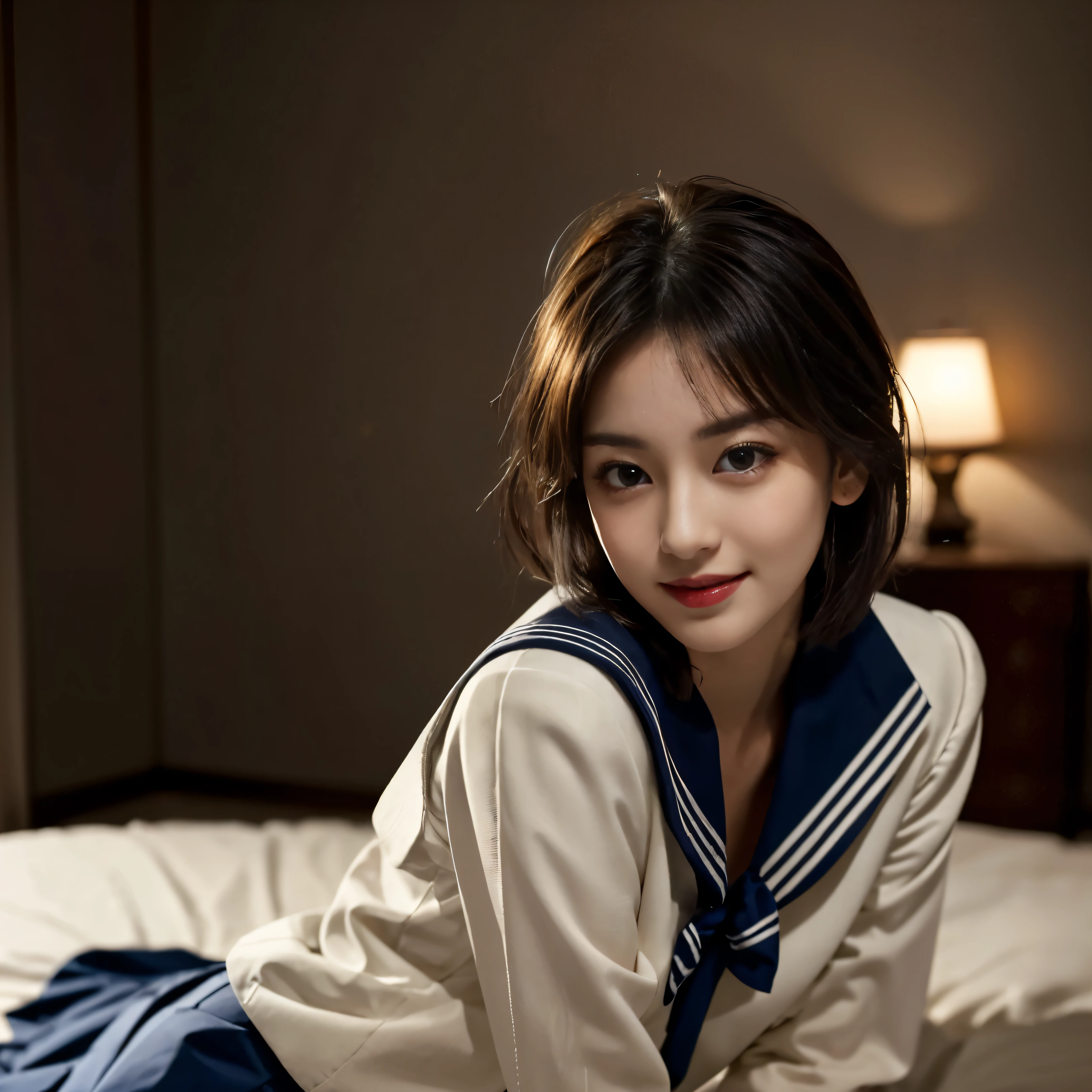 （seen through a fisheye lens:1.75)，highest quality, face focus, (written boundary depth) ,ultra high resolution, (realistic:1.4), Raw photo, (portrait:1.4)(Sailor suits and skirts:1.4)1 Japanese girl, alone, cute, smile, (brown eyes), natural face, (with medium length haircut,) (in a dimly lit room) (There is only a single bed,) (do something revealing about yourself,) (At night,) (erotic, enchanting atmosphere:1.55)
