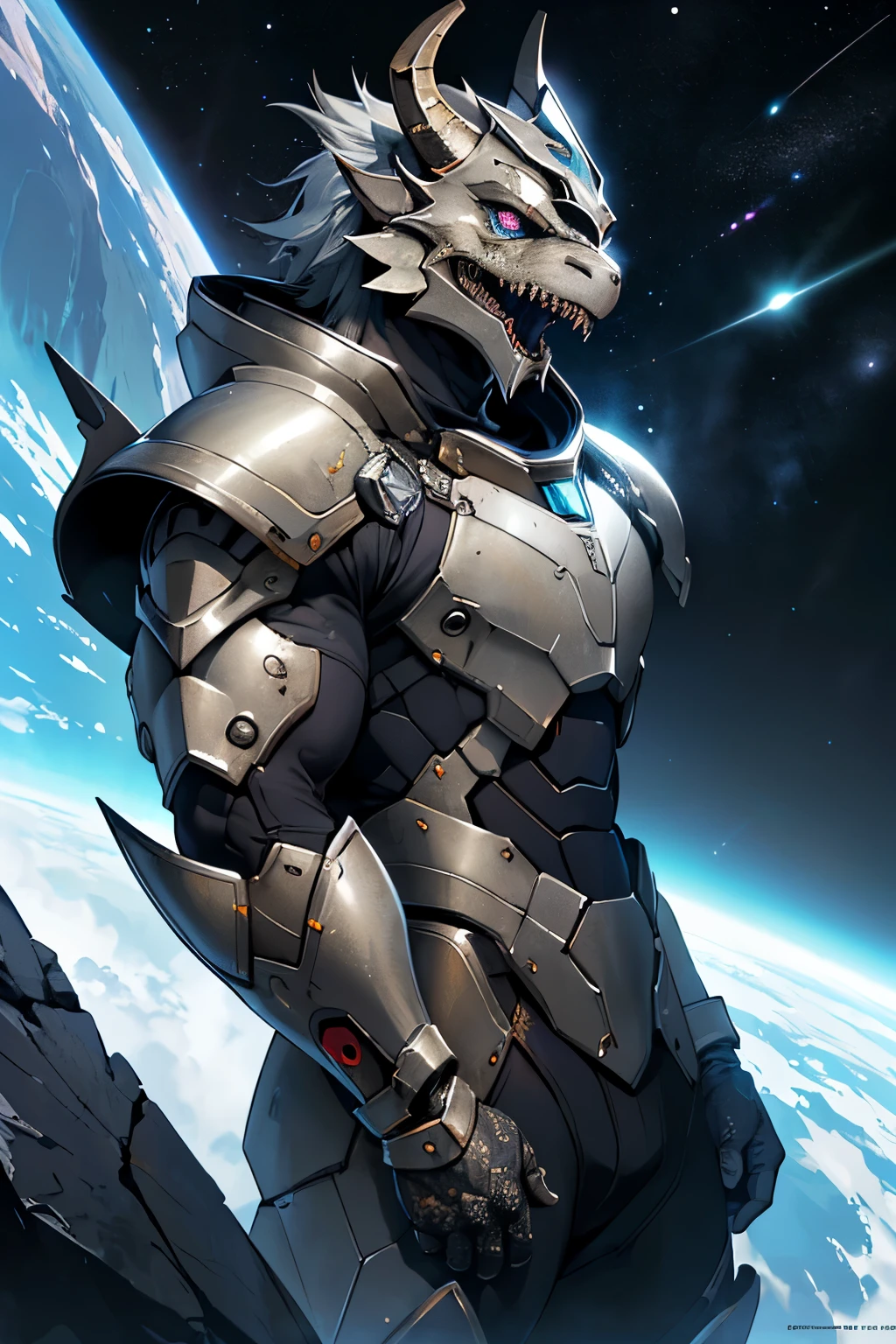 masterpiece, (absurdres, highres, ultra detailed), 1boy, muscular, solo, extremely detailed eyes, (official art, beautiful and aesthetic:1.2), (dark art,erosion,fractal art :1.3), colorful, horror, highest detailed, Silver Metallic Dragonborn Paladin, Space BattleSuit