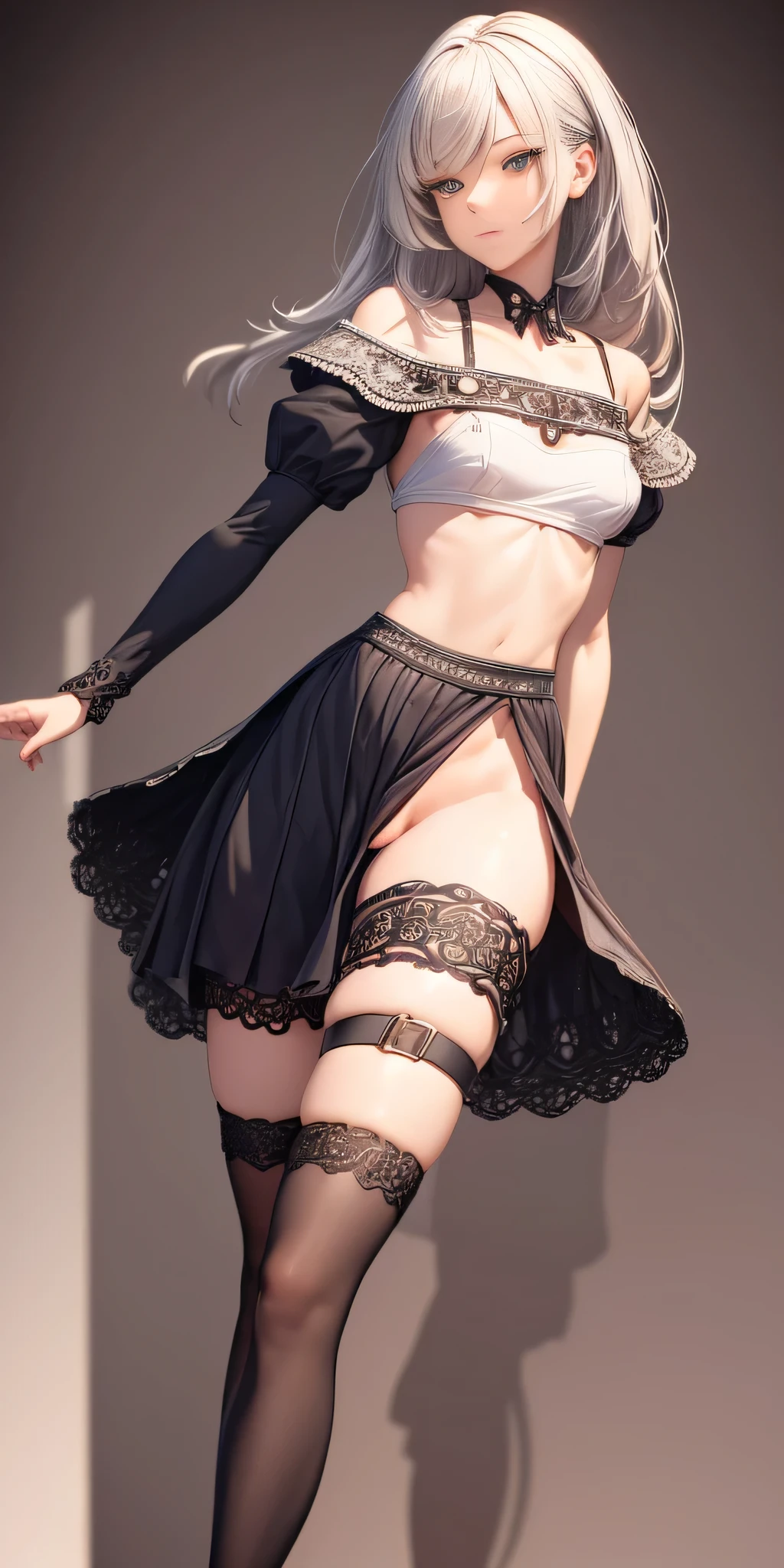 all intricate details: "1 female only 18 years old, ((Best quality)), ((Masterpiece)), full body, slim build, Looking_at_viewer, Dynamic Angle, short , V-neck, Cute, light facial skin, Leg up, Thigh Strap, ((Intricate details throughout image, high contrast,))), ((Random Pose)), uncensored, NSFW, random angle"