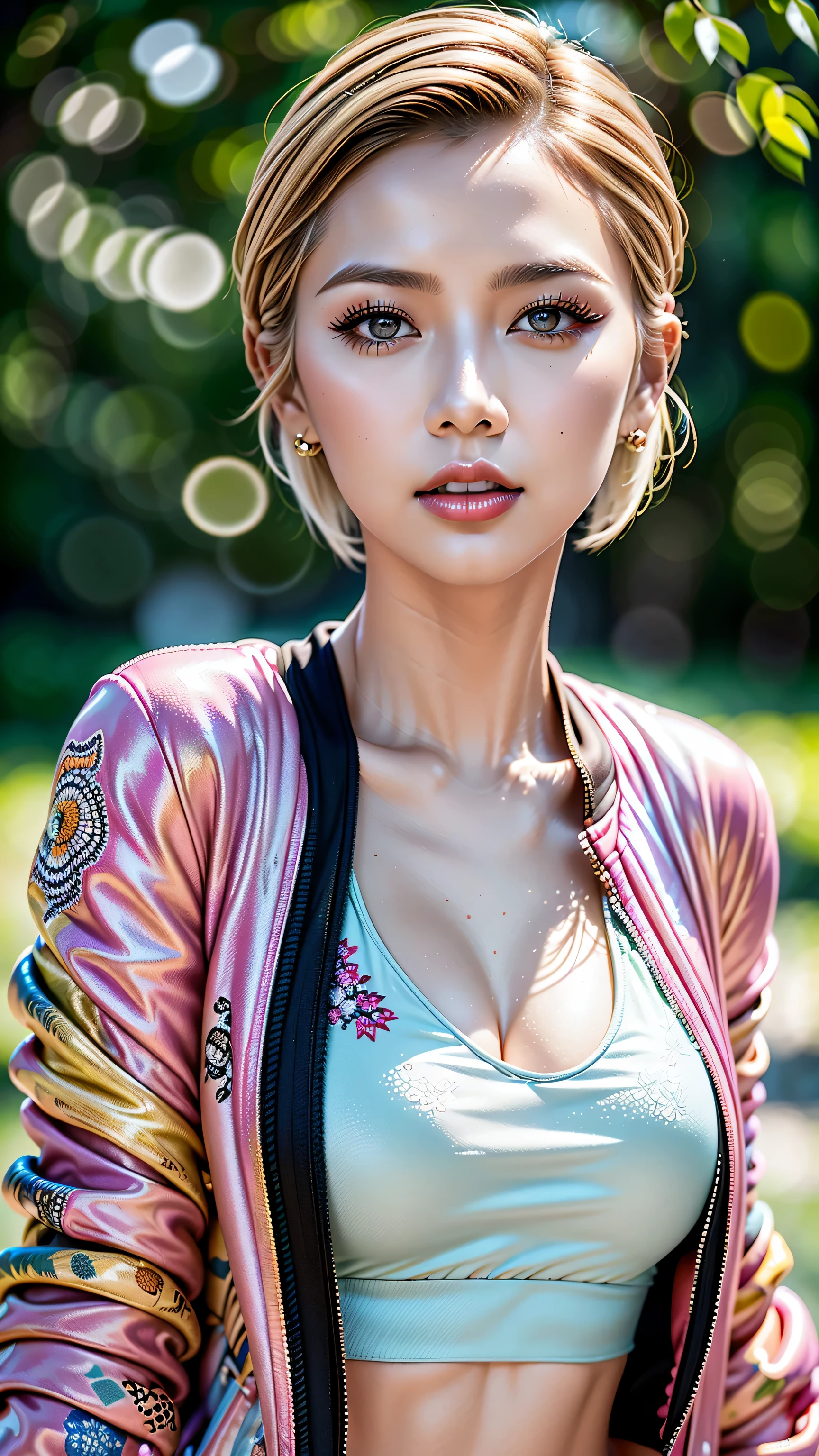 Divide Ratio : 1,1,1 Base Ratio: (portrait),(Highest resolution),(the most absurd quality),(masterpiece),((sharp focus)),(photorealistic),(hyper realistic),beauty (mixed girl)(madison ivy:0.45)(jessica alba:0.25)(Ariana Grande:0.25) in of a (1girl:1.3 22-year-old),fashion supermodel,(best high quality real texture skin),(ebony skin female),(Highly quality texture hair),BREAK,((short blonde hair ((slicked to the side)) extremely detailed:1.33)),((outdoors, in the park Autumn evening, falling dusk)),((Autumn, ((bright vivid colors)) of the forest, lots of leaves lying on the ground)),(best high quality),(perfect proportions),(anatomically correct),(perfect female body),((firm big full breasts:1.4)),slim face,beautiful cheekbones,((slim,swell-muscled body)),(Super beautiful face),(realistic face),(highly detailed face:1.4),BREAK,black_eyeshadow,absurd,(Intricately detailed eyes),finely detailed face,finely quality eyes,(tired and sleepy and satisfied:0.0),a woman's eye with a digital rendering,realistic eyes,perfect round eyes,finely detailed pupils,BREAK,(((brown_eyes))),detailed lips,red_lipstick),pink_makeup,(Detailed nose),((Intricately Detailed colorful outfit((graffiti printed on a short jacket,sport top)) wear)),(Intricately Detailed V-neck sports topp),dynamic pose,exquisite balance of shadows,perfect composition,(shot above the knee),look at the viewer,(from below),Hasselblad, 85mm f/2.8,(ultraviolet lightning thunder storm shot),glowing neon light ultraviolet