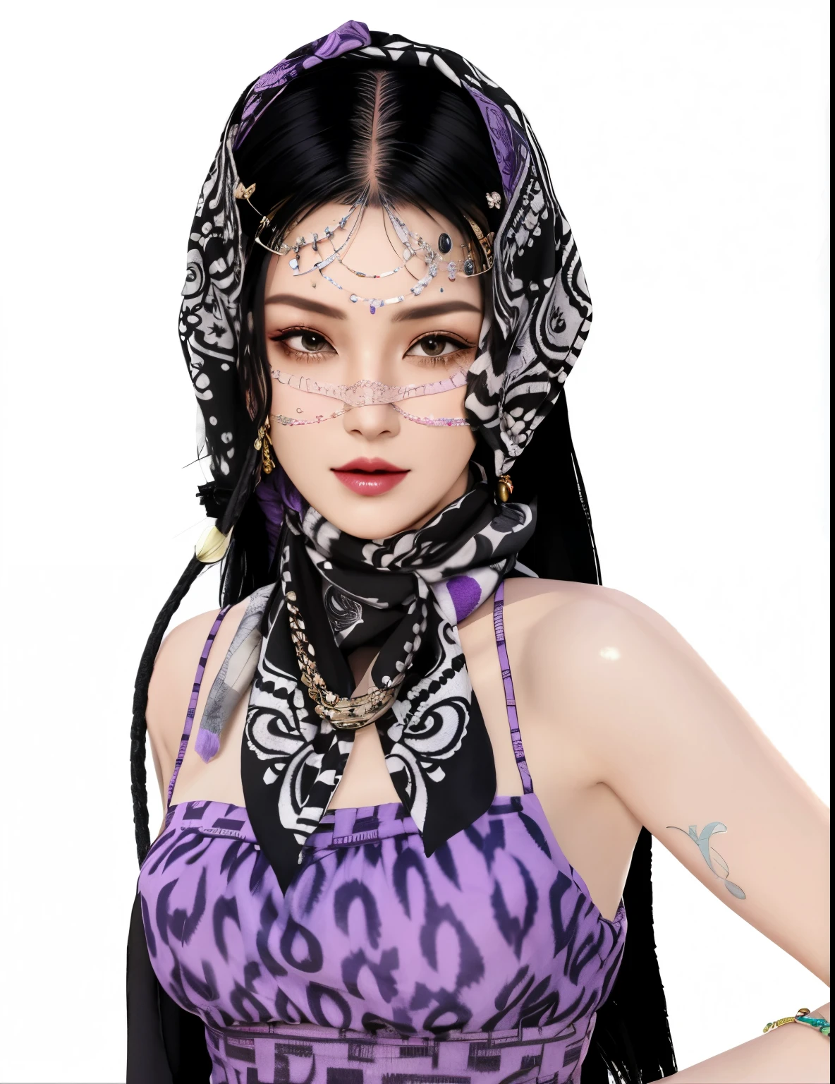 arafed woman with a scarf and a purple top sitting at a table, bandana, imvu, wearing a bandana and chain, head scarf, lblsck hair, second life avatar, bandanas, digital art h 9 6 0, mesh headdress, ornate turban, tanny skin, detailed long black hair, glamor profile pose
