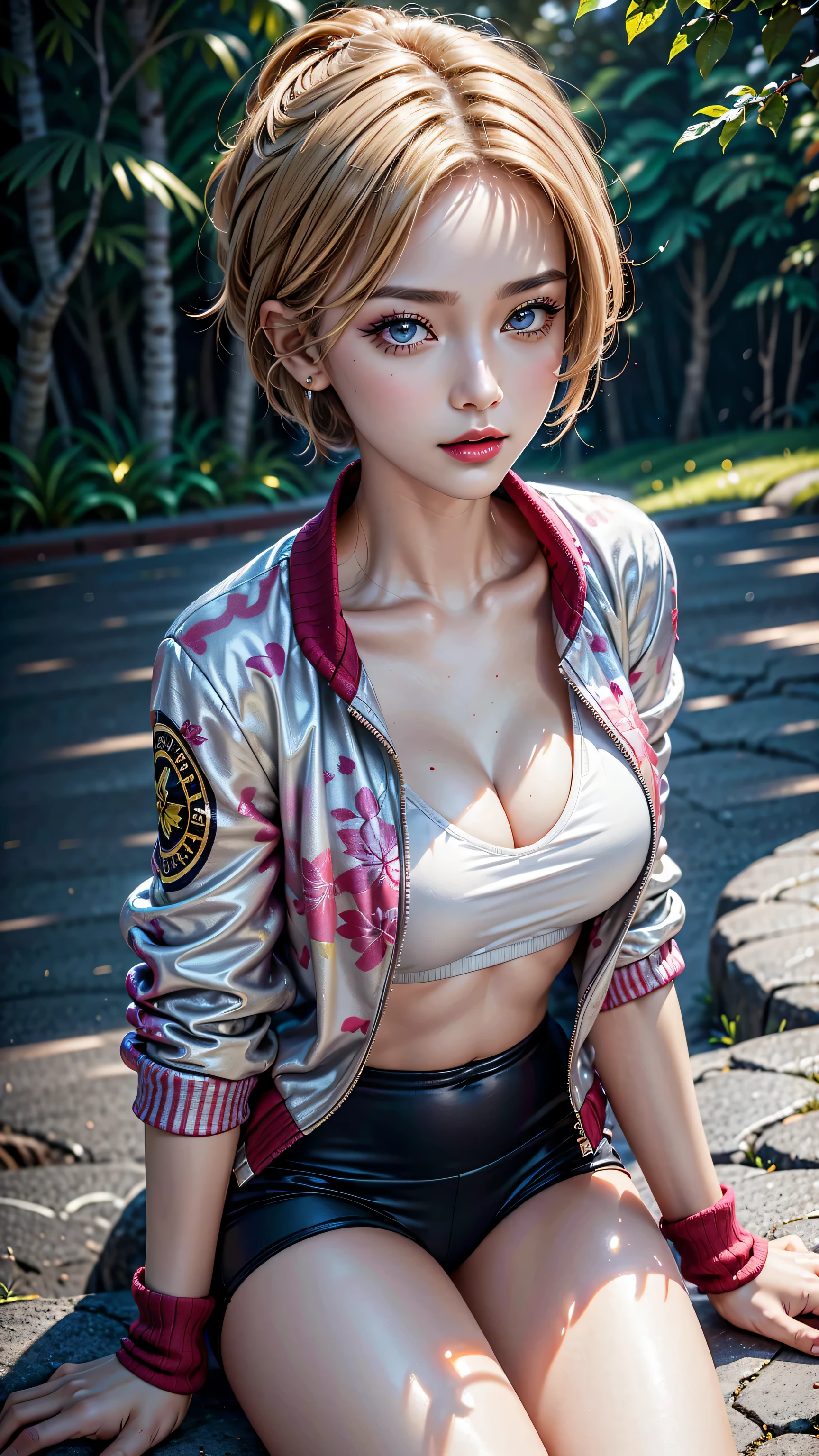 Divide Ratio : 1,1,1 Base Ratio: (portrait),(Highest resolution),(the most absurd quality),(masterpiece),((sharp focus)),(photorealistic),(hyper realistic),beauty (mixed girl)(madison ivy:0.45)(jessica alba:0.25)(Ariana Grande:0.25) in of a (1girl:1.3 22-year-old),fashion supermodel,(best high quality real texture skin),(ebony skin female),(Highly quality texture hair),BREAK,((short blonde hair ((slicked to the side)) extremely detailed:1.33)),((outdoors, in the park Autumn evening, falling dusk)),((Autumn, ((bright vivid colors)) of the forest, lots of leaves lying on the ground)),(best high quality),(perfect proportions),(anatomically correct),(perfect female body),((firm big full breasts:1.4)),slim face,beautiful cheekbones,((slim,swell-muscled body)),(Super beautiful face),(realistic face),(highly detailed face:1.4),BREAK,black_eyeshadow,absurd,(Intricately detailed eyes),finely detailed face,finely quality eyes,(tired and sleepy and satisfied:0.0),a woman's eye with a digital rendering,realistic eyes,perfect round eyes,finely detailed pupils,BREAK,(((brown_eyes))),detailed lips,red_lipstick),pink_makeup,(Detailed nose),((Intricately Detailed colorful outfit((graffiti printed on a short jacket,sport top)) wear)),(Intricately Detailed V-neck sports topp),dynamic pose,exquisite balance of shadows,perfect composition,(shot above the knee),look at the viewer,(from below),Hasselblad, 85mm f/2.8,(ultraviolet lightning thunder storm shot),glowing neon light ultraviolet