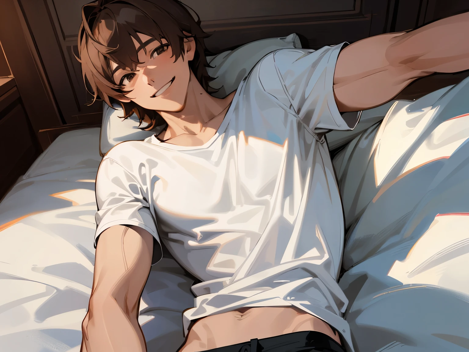 upper body shot,male,masterpiece, high quality, 最high quality, hd,perfect lighting, detailed face, detailed body, 1 person, brown hair, smile,white t-shirt, (smile: 1.5), sitting, bed, in the room,((night))