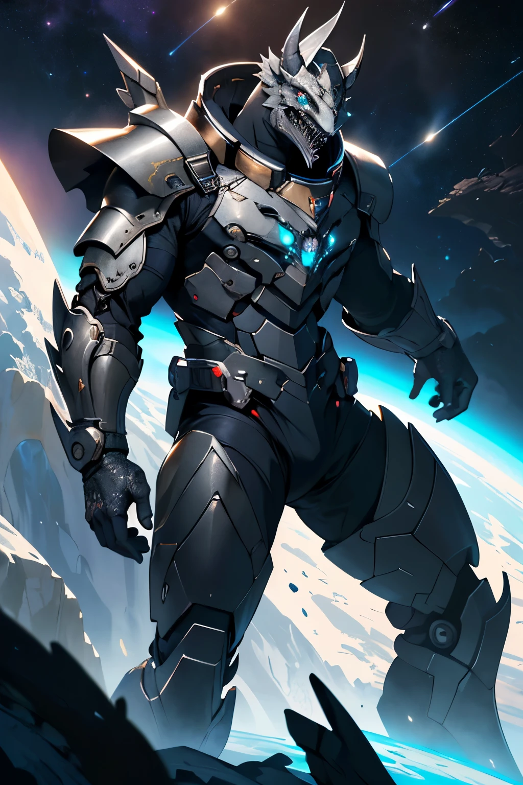 An award-winning original photo, omniman, A wild muscular man, (30 years old man:1.3), 1boy, Solo, (wearing a (silver) metal suit), (glowing silver ring on a finger), spikes, neon stripes, white hair, (big shoulder), muscular, hunk, stubbles, Short beard, (Detailed face:1.3), (beautiful eyes:1.2), Dynamic Angle, volumetric lighting, (Best quality, A high resolution, Photorealistic), Cinematic lighting, Masterpiece, RAW photo, Intricate details, hdr, depth of field, knee-up shot, in space background, beautiful cosmos, energy strands around body