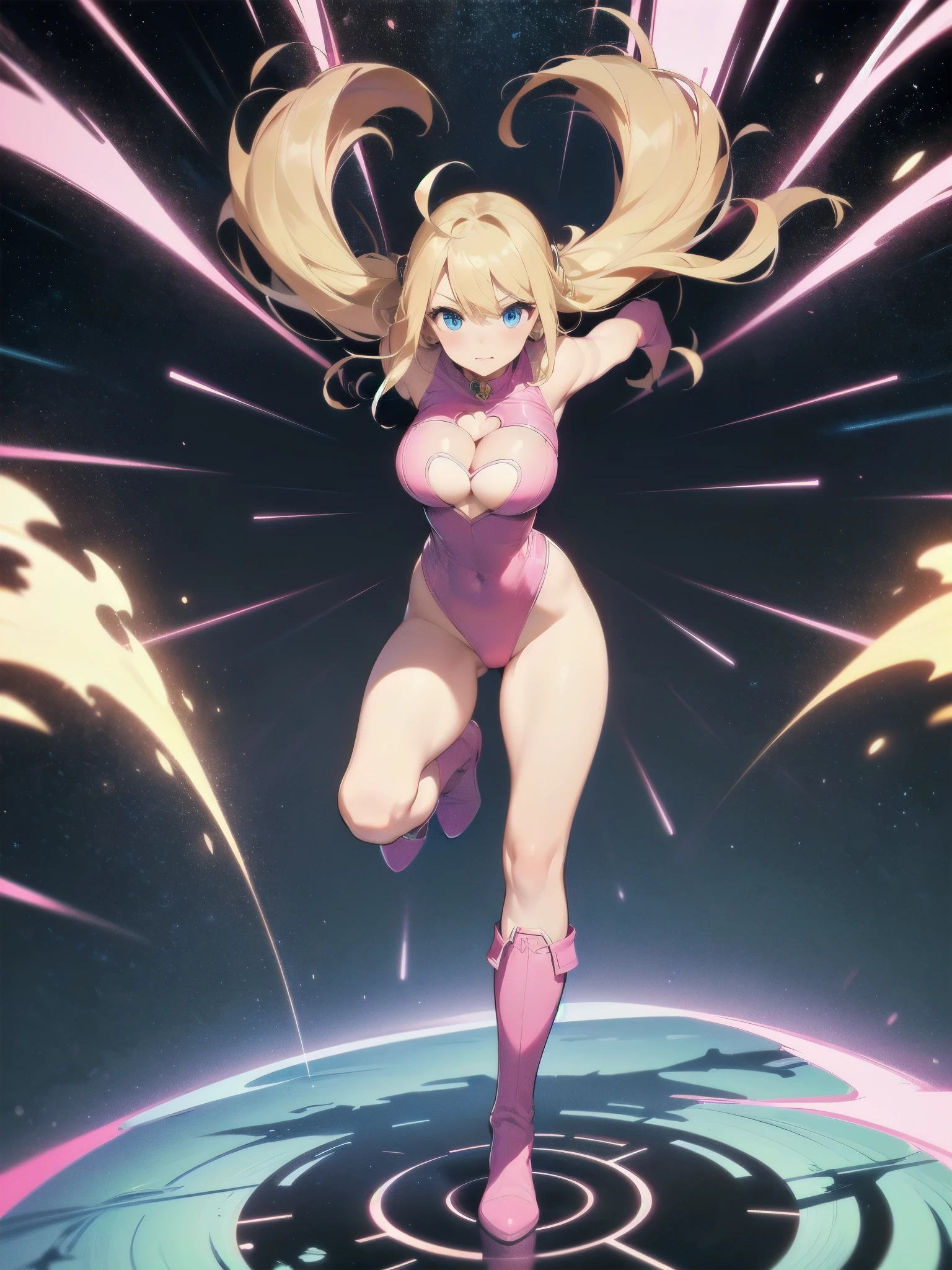((masterpiece)), ((best quality)), ((high res)), 1girl, solo, solo focus, (leotard, pink leotard, solid pink leotard, perfect leotard, sleeveless), bare legs, (matching boots, knee boots, pink footwear), looking at the viewer, (perfect hands), perfect eyes, perfect legs, perfect arms, perfect fingers, perfect anatomy, medium breasts, (gloves, matching gloves, pink gloves), (blonde hair, long hair, bangs), (blue eyes, beautiful detailed eyes) (heart cutout, one cleavage cutout), cute face, hair down, superhero, single, spread arms, standing, spins fast in place like a tornado, spinning energy pulse, light particles, sparkling, super speed, speed lines, space backdrop, ahoge
