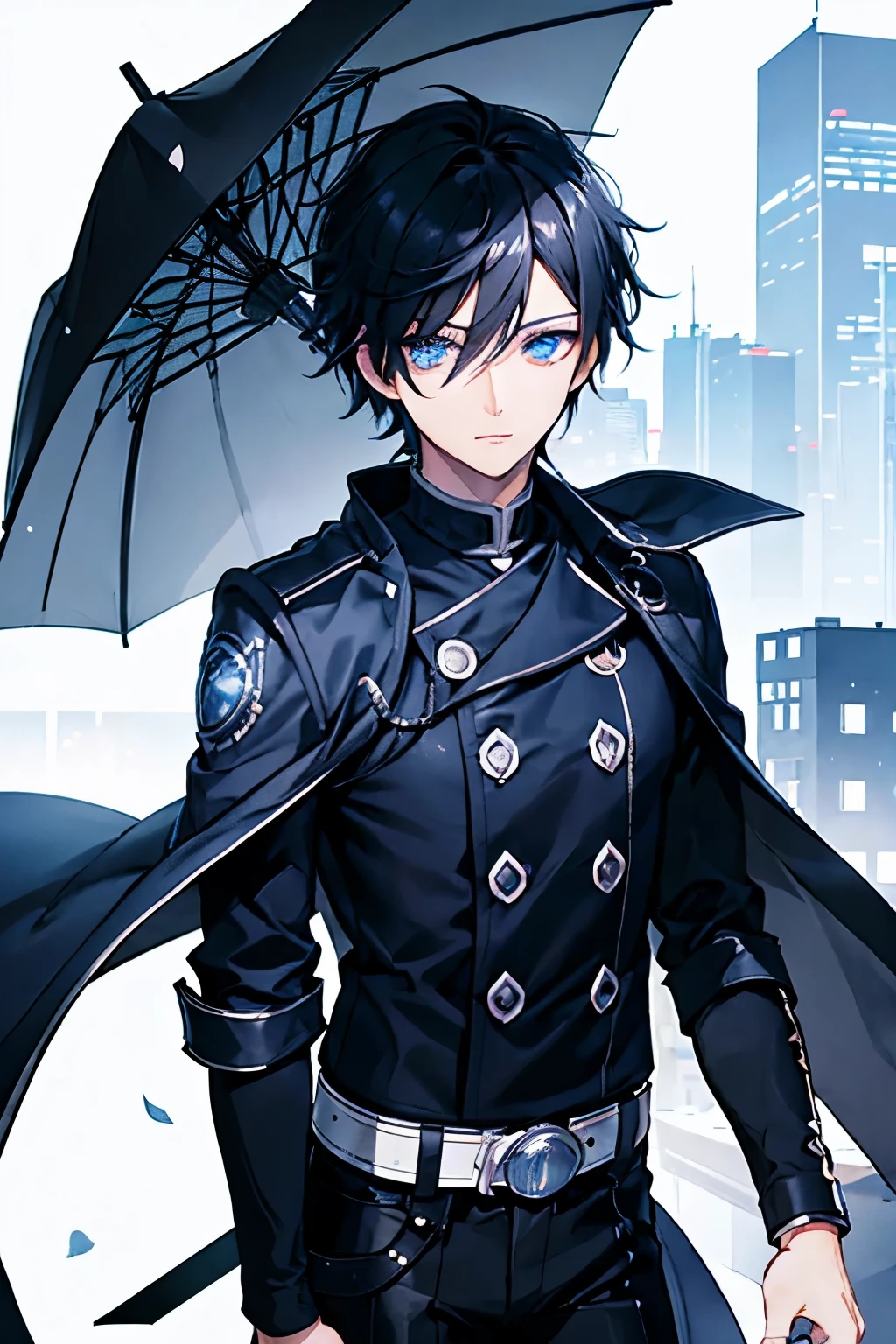 male black hair blue eyes pants cutter boots city umbrella rain cool masterpiece Highest image quality noise removal clear parts cinematic shadow Increases the attractiveness of the eyes clear parts the shine of the eyes draw eyelashes neatly perfect eyes detailed eyes sharpen image quality sharpen eye writing clear parts eye shape