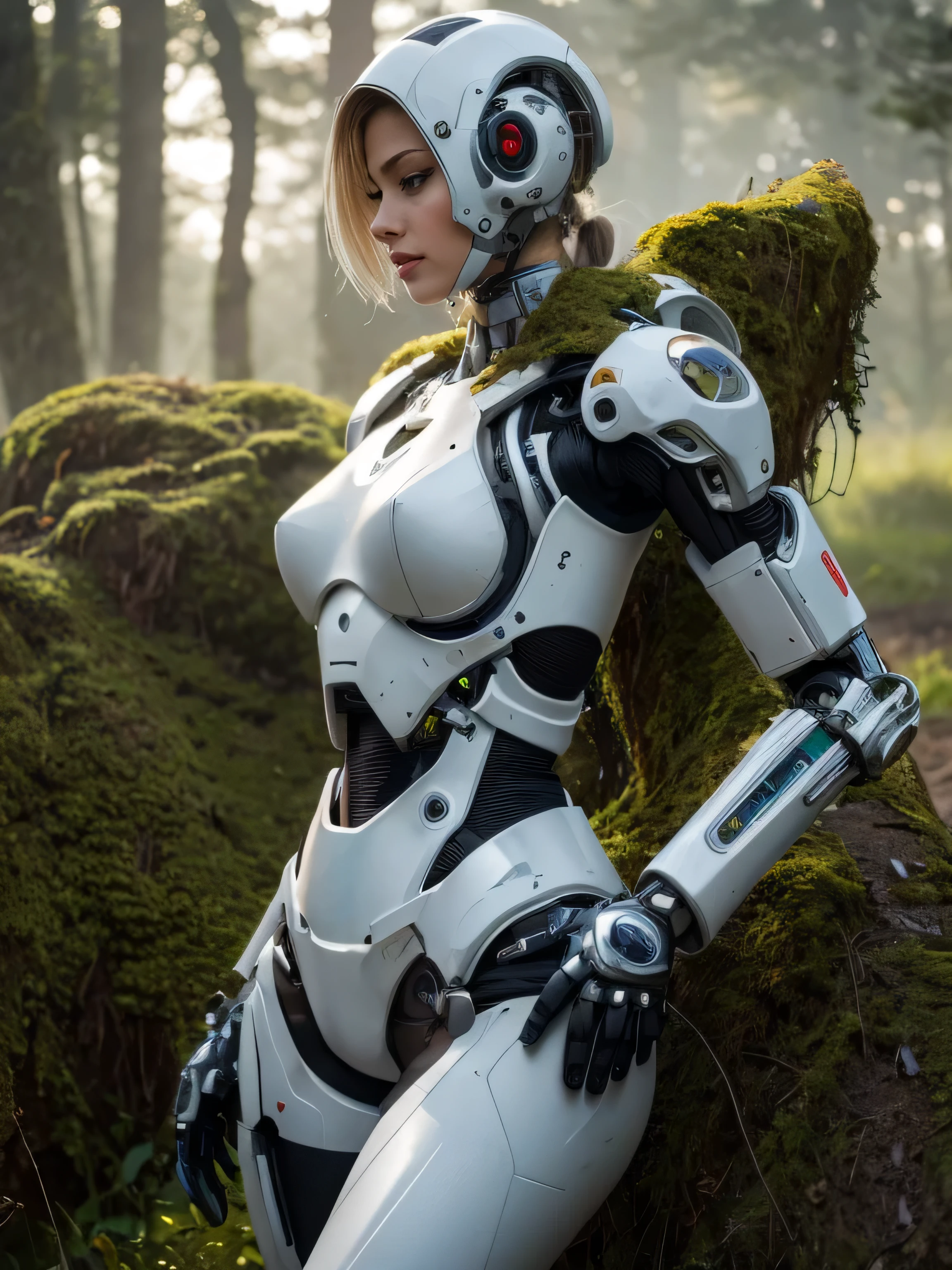 ((masterpiece, highest quality, Highest image quality, High resolution, photorealistic, Raw photo, 8K)), Abandoned robot soldier on battlefield, broken and immobile, rust and moss showing passage of time, female cyborg body, female body, biomechanical , extra detailed body, blowjob white mech, white biomechanical details, detailed body, shiny white armor, cybernetic body, eva unit-00 on back, full body details, 