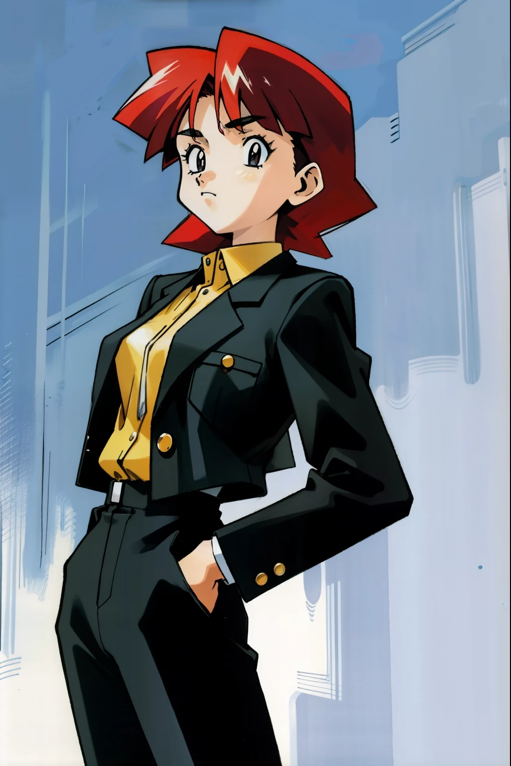 by Ken Sugimori, sugimori 1990s, ((only 1woman)), tired, exhausted, slumped over, business suit ((hands behind their back)), full black pupils, manga, best quality, highly detailed, clean lines, cowboy shot, good hands, good eyes, hd, 8k, professional, symmetrical, hires, 8k,