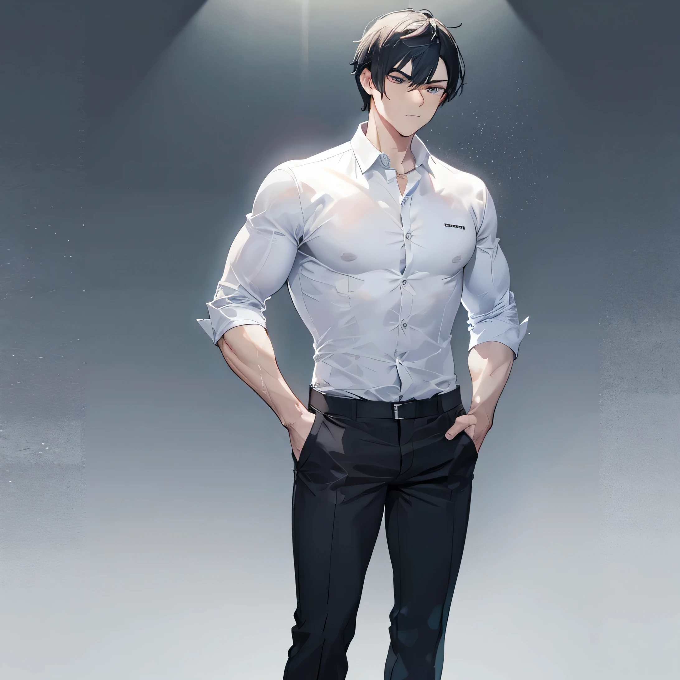 Um homem musculoso, com cabelos pretos, looking up with hands in pockets and a serious face, with a tight white shirt and loose black pants, take a photo of your entire body