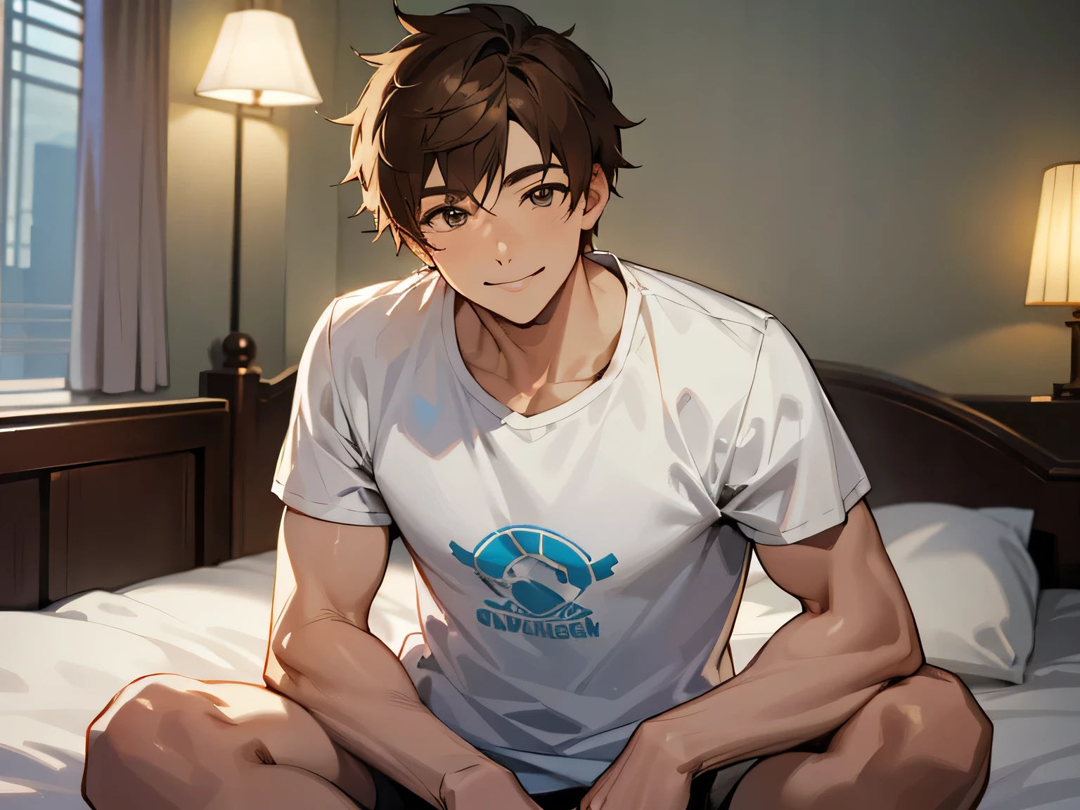 upper body shot,male,masterpiece, high quality, 最high quality, hd,perfect lighting, detailed face, detailed body, 1 person, brown hair, smile,white t-shirt, (smile: 1.5), sitting, bed, in the room,((night))