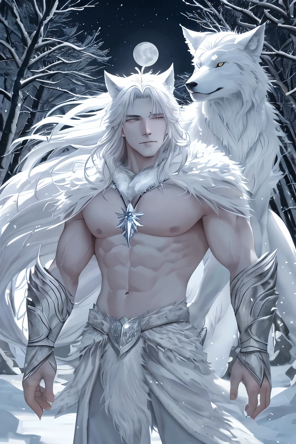 A White Wolf Man, with piercing blue eyes and a muscular build, stands in the midst of a snowy forest. The moon casts an ethereal glow on his silvery fur and shimmering skin. His wolf head is tilted slightly, as if listening to the quiet rustling of the trees. A full moon rises behind him, casting long, intricate shadows on the snowy ground. The wind howls softly, adding a sense of mystery and magic to the scene. The White Wolf Man wears a delicate moonstone pendant around his neck, signifying his connection to the forest and its lunar guardian. His wolf tail swishes gently behind him, as if beckoning for companionship.