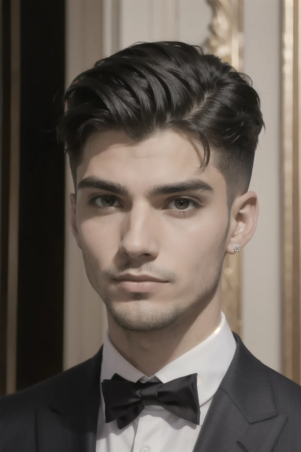 retrato de europeia,Sozinho,20 anos,rosto bonito,parte superior do corpo,cabelo sobre um olho,medium side cut, Cabelo loiro, sharp focus,black business suit