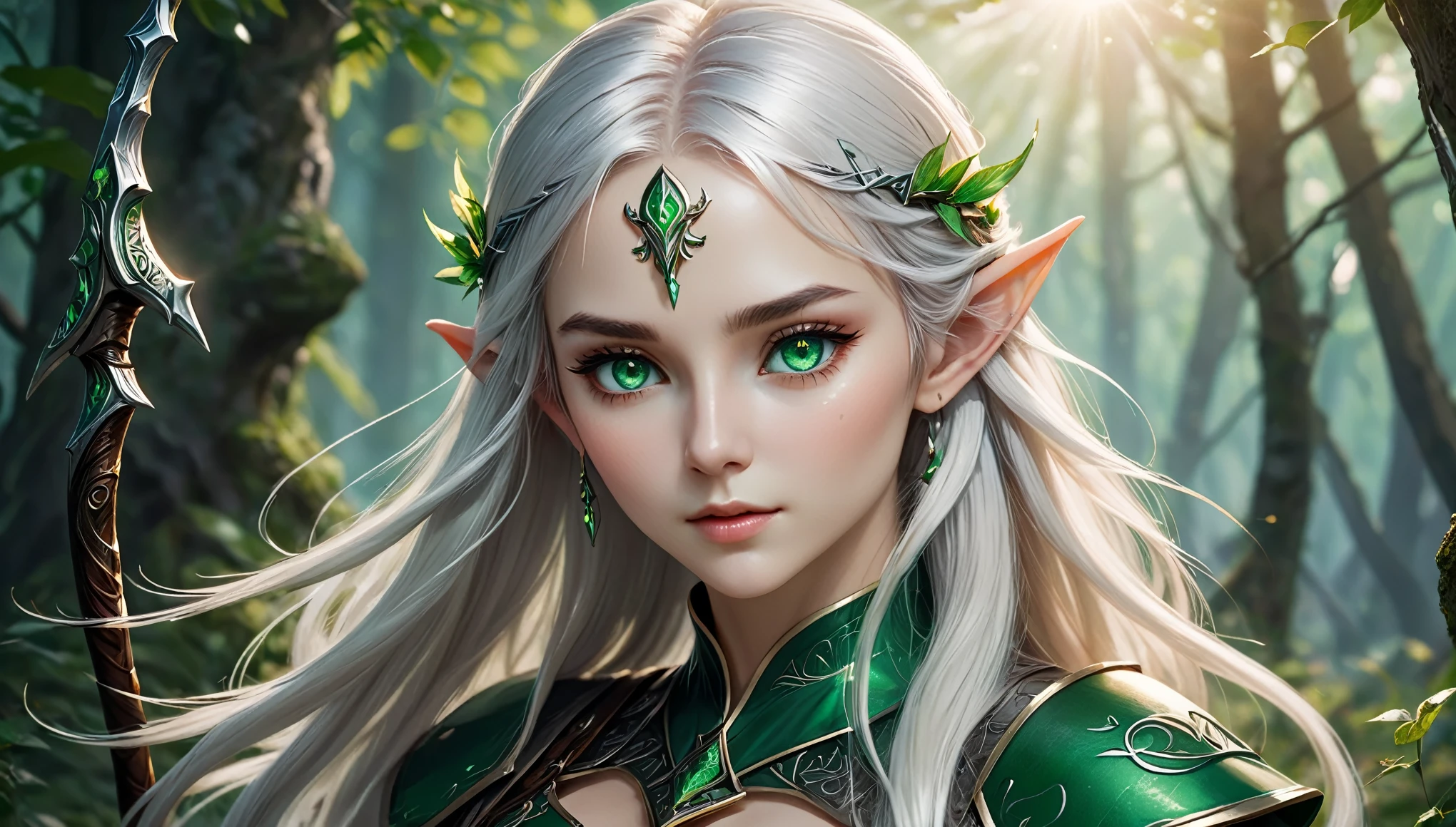 Arafed, a portrait of an elf woman, exotic beauty, long hair, dynamic color, emerald green eyes, glamour shot, she wears an elegant suit,