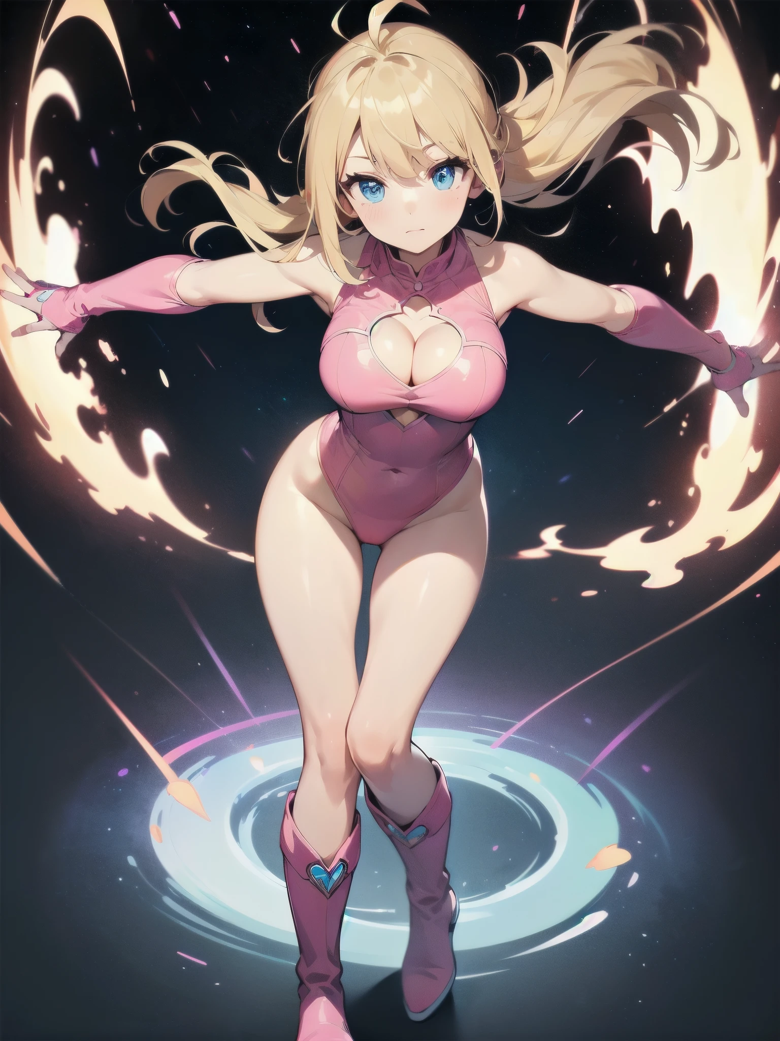 ((masterpiece)), ((best quality)), ((high res)), 1girl, solo, solo focus, (leotard, pink leotard, solid pink leotard, perfect leotard, sleeveless), bare legs, (matching boots, knee boots, pink footwear), looking at the viewer, (perfect hands), perfect eyes, perfect legs, perfect arms, perfect fingers, perfect anatomy, medium breasts, (gloves, matching gloves, pink gloves), (blonde hair, long hair, bangs), (blue eyes, beautiful detailed eyes) (heart cutout, one cleavage cutout), cute face, hair down, superhero, single, spread arms, standing, spins fast in place like a tornado, spinning energy pulse, light particles, speed lines, space backdrop, ahoge