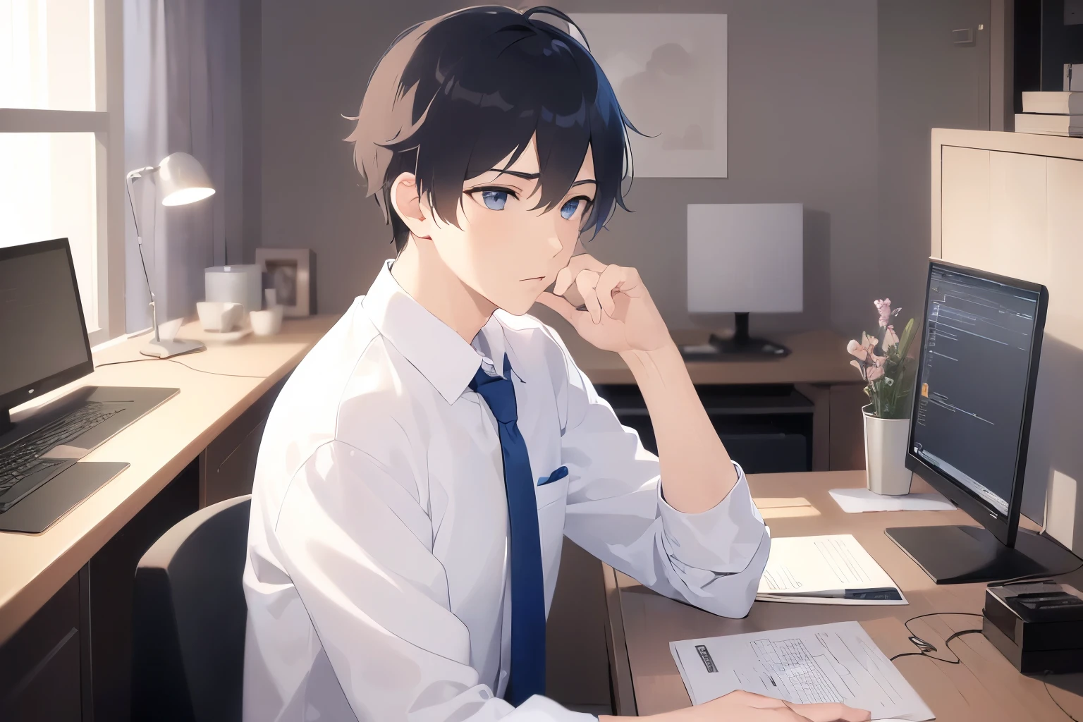(looking away:1.5)、masterpiece、highest quality、(25 year old male:1.5) and (black short hair) and (blue eyes), (wearing a business suit:1.2)、wearing a white shirt、Wearing a blue tie、sitting、serious expression、The background is an office、computer、working, (Alone:1.5)