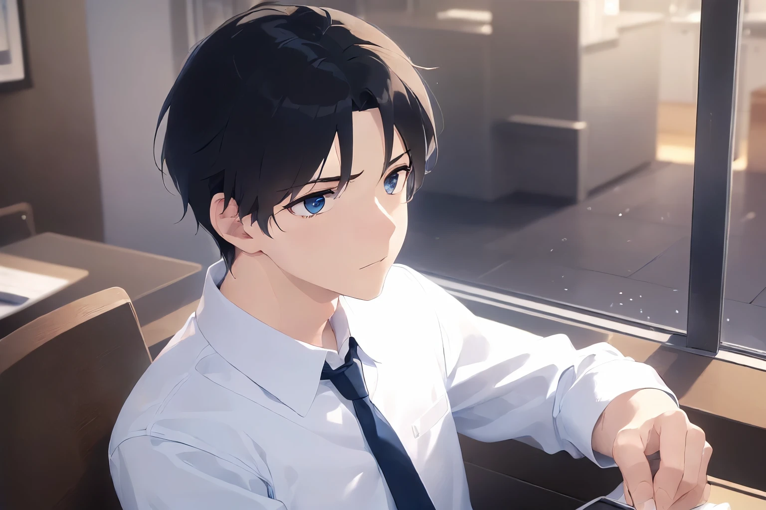 (looking away:1.5)、masterpiece、highest quality、(25 year old male:1.5) and (black short hair) and (blue eyes), (wearing a business suit:1.2)、wearing a white shirt、Wearing a blue tie、sitting、serious expression、The background is an office、computer、working, (Alone:1.5)