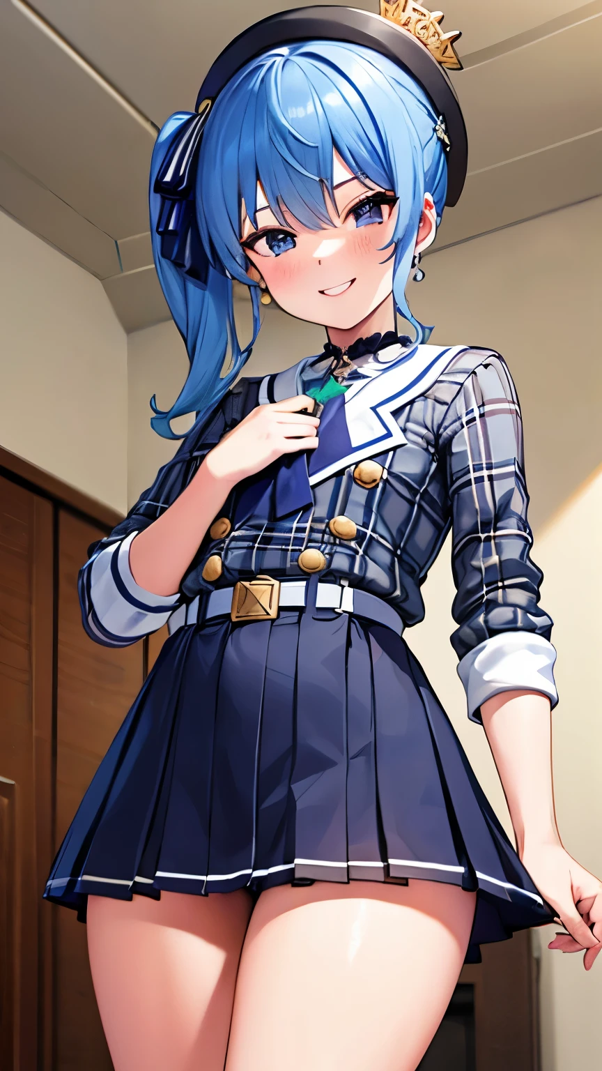 (give presentbox to boy), (exchanging gifts) ,(giving a gift), flat chest,8k,highest quality,masterpiece, highest quality, High resolution, side ponytail, hoshimachi suisei,flat tits,flat breasts,(flat chest),slender , skinny ,she is sadistic、 ((charm))、Keep your lips open、 grinning smile、perfect proportions、((in her room))、(((she is standing))),from below,